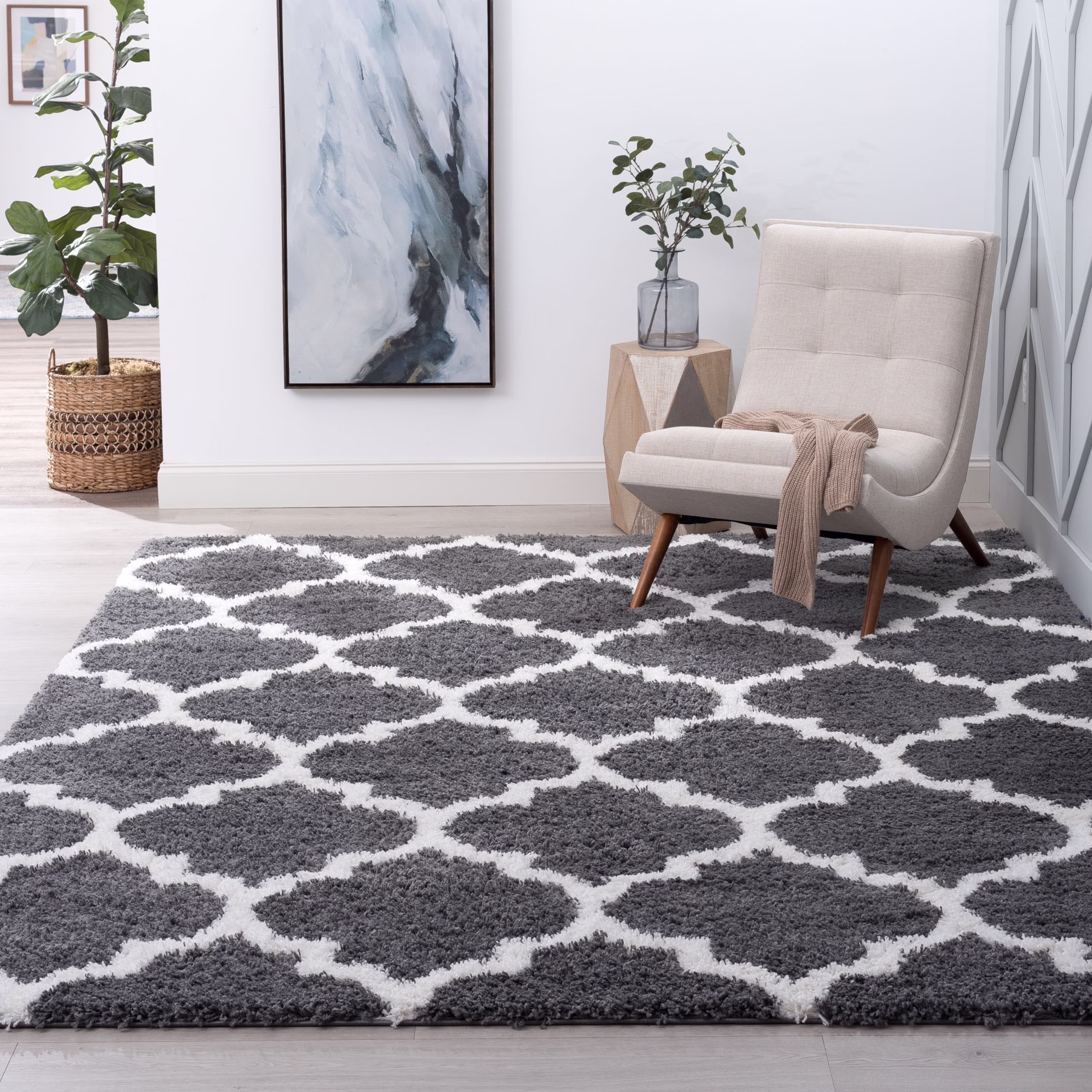 Transitional 8x10 Area Rug Shag Thick (7'10'' x 10'2'') Geometric Gray, White Living Room Easy to Clean