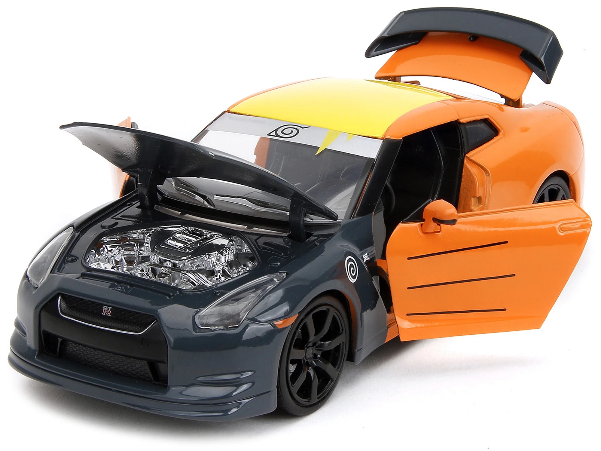 2009 Nissan GT-R (R35) Orange & Dark Gray w/Yellow & Graphics & Figure Naruto Shippuden 2009-2017 1/24 Diecast Model Car by Jada