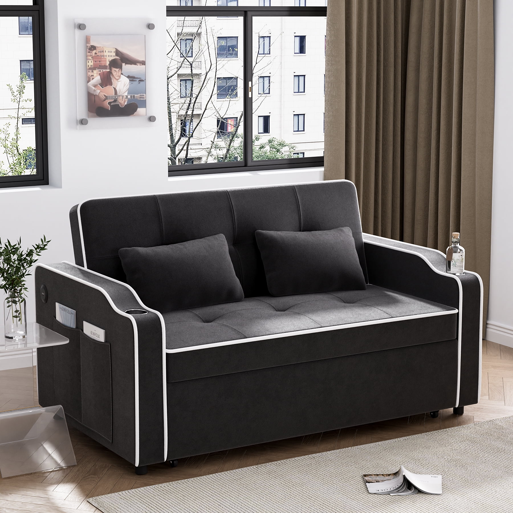55.2'' Convertible Sleeper Sofa Bed,Velvet Upholstered Pull Out Sofa Bed with USB Port&Cupholder&Side Pockets,Loveseat Sleeper Couch with Pillow for Living Room Apartment Guest Room