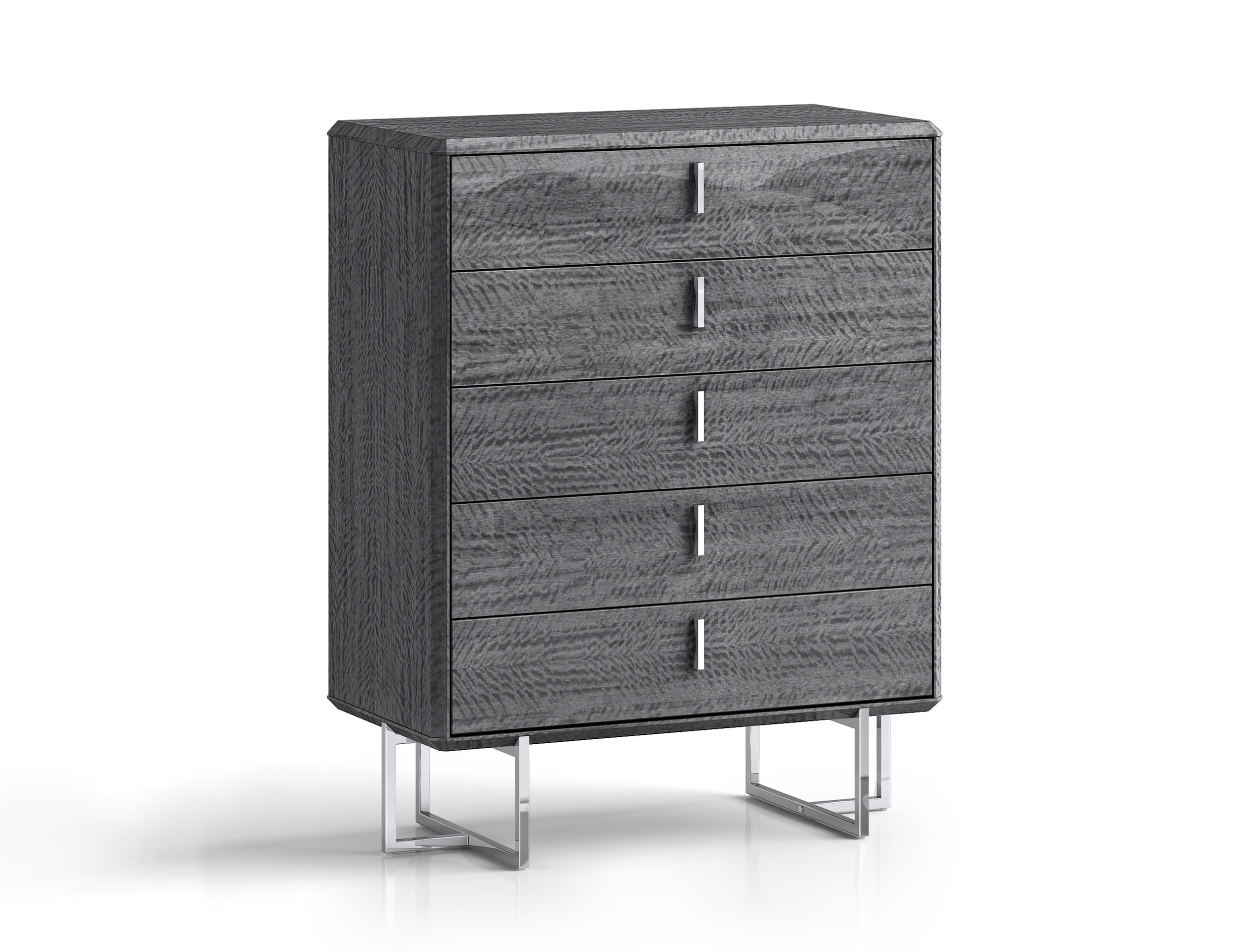 Chloe Chest Of Drawer, High Gloss Grey, Five Self-Closing Drawers, Polished Stainless Steel Legs