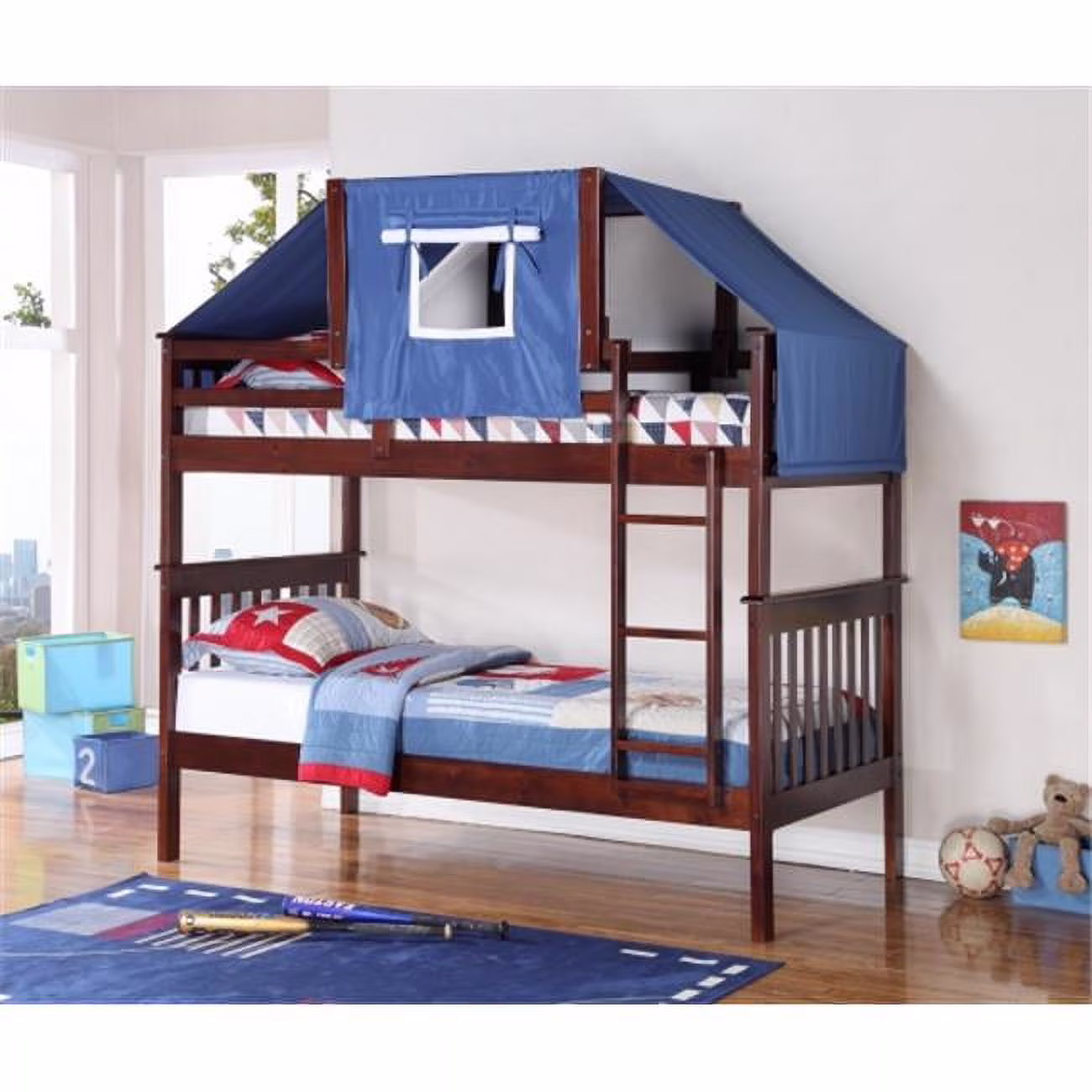PD-120-3CP-755CP-B Twin Size Mission Bunk Bed with Tent Kit - Cappuccino & Blue