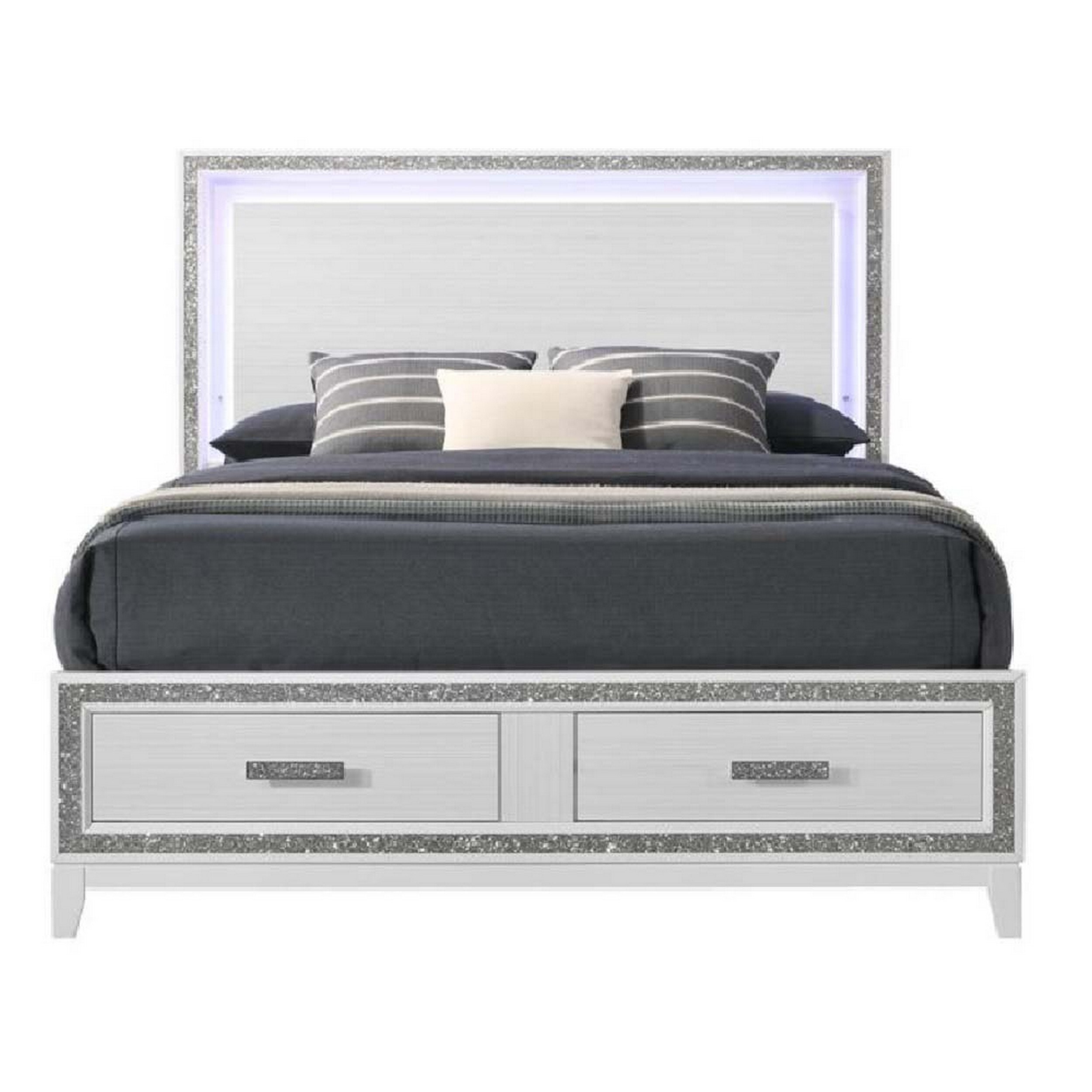 Modern Queen Bed, White Finish, Mirrored Trim and LED Panel Headboard