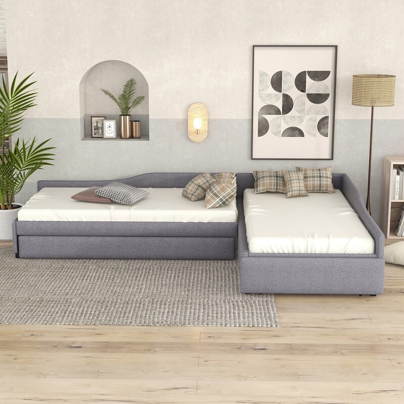 Upholstered Double Twin Size Daybed with Trundle and Drawer Gray