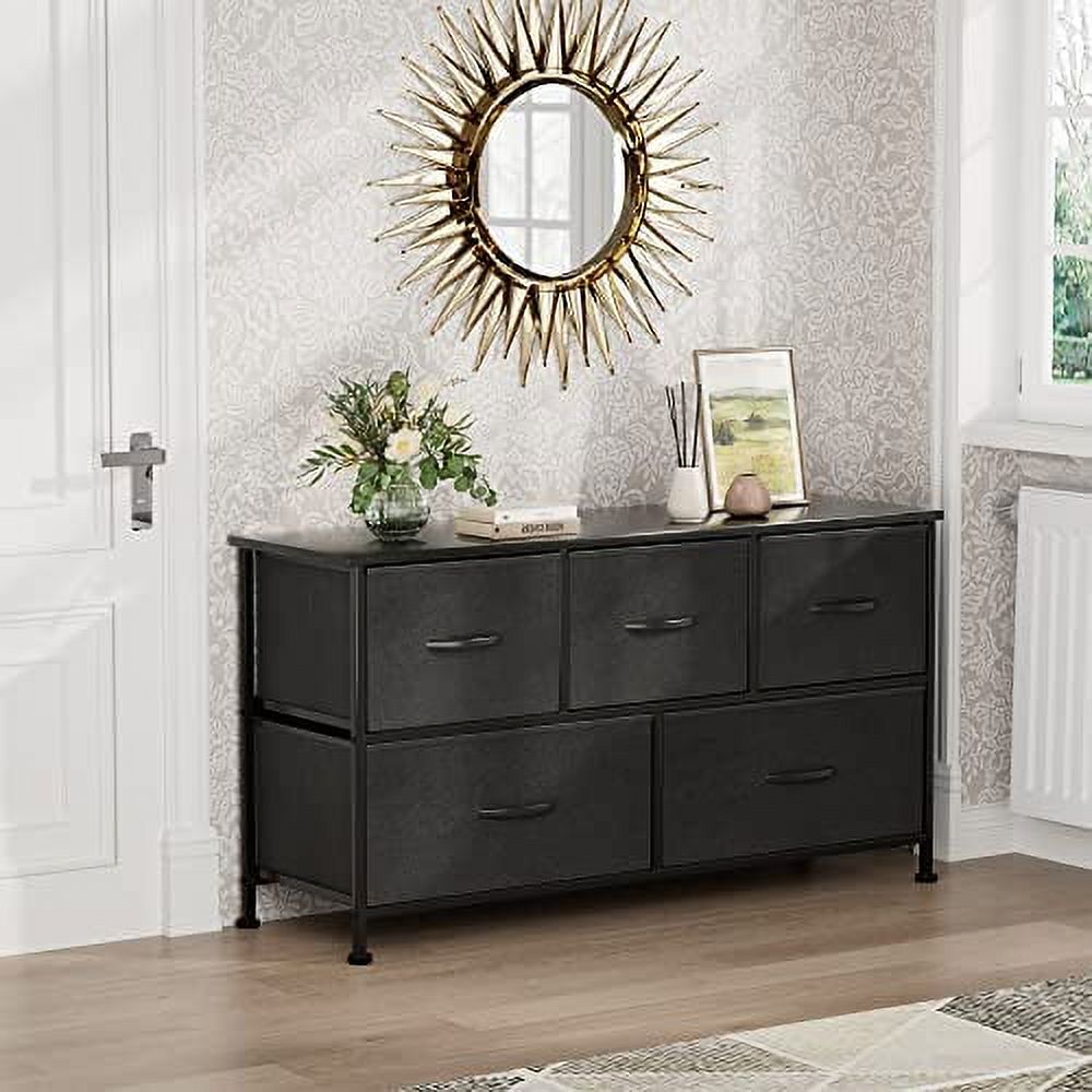 Dresser For Bedroom With 5 Drawers, Wide Chest Of Drawers With Fabric Bins, Storage Organizer Unit For Closet, Entryway, Nurseries, Hallway