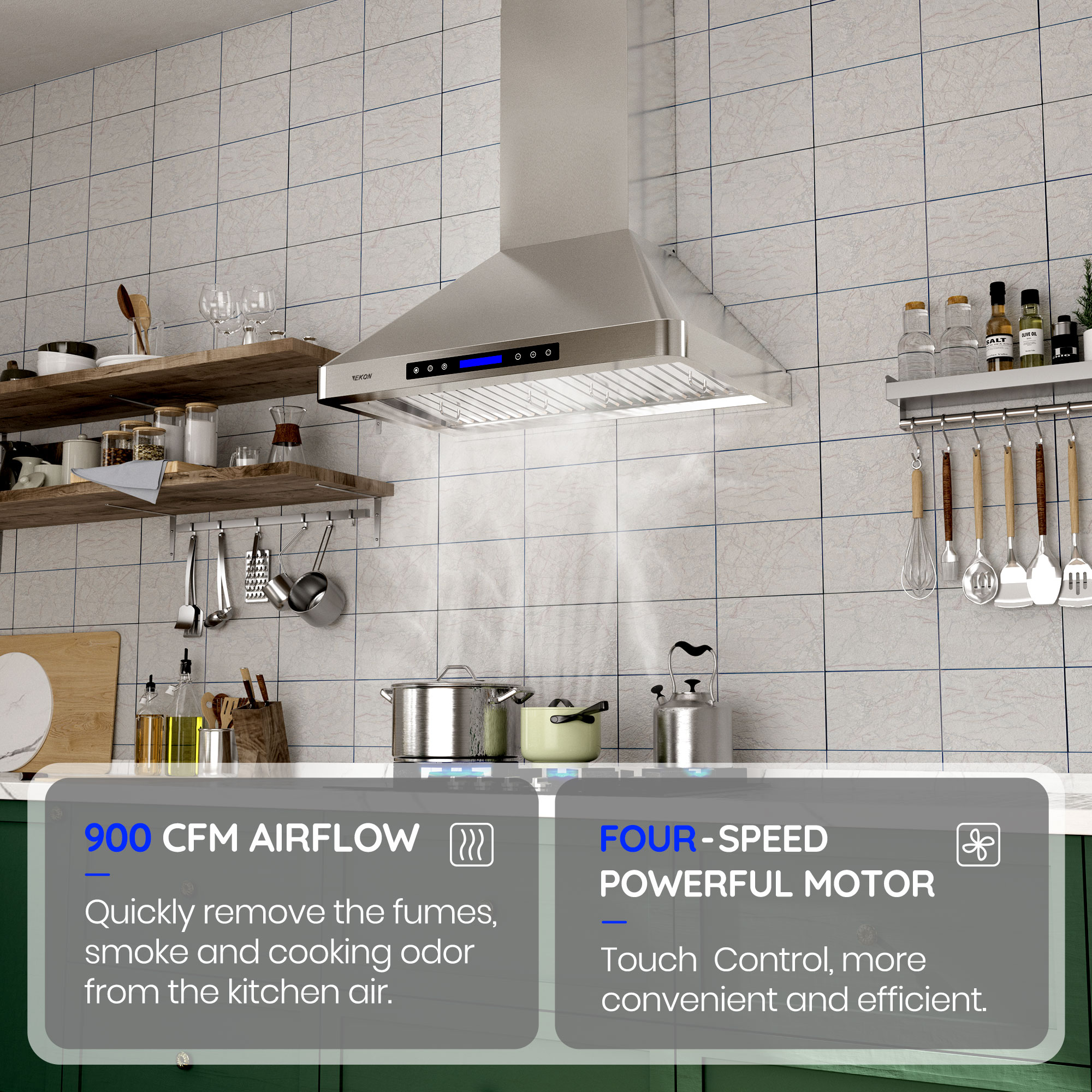 EKON Kitchen Expert 30 inch 900 CFM Convertible Stainless Steel Wall Mount Range Hood with Remote