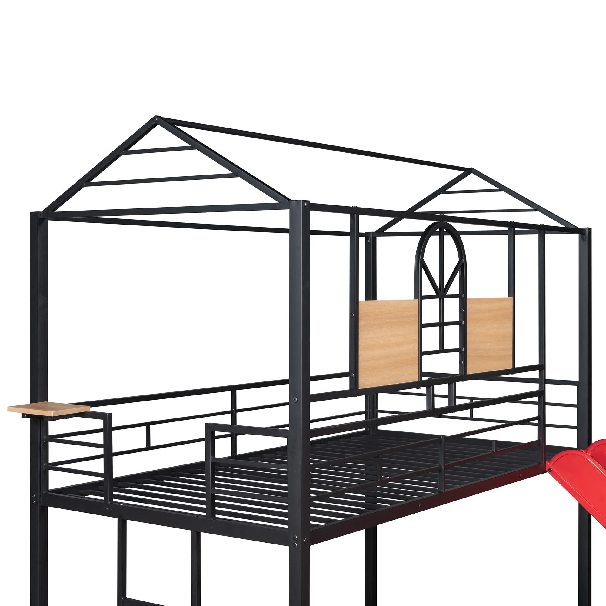 Metal Twin Over Twin Bunk Bed with Slide and Roof, Kids Child Bed Frame Housebed Playhouse Slatted Foundation