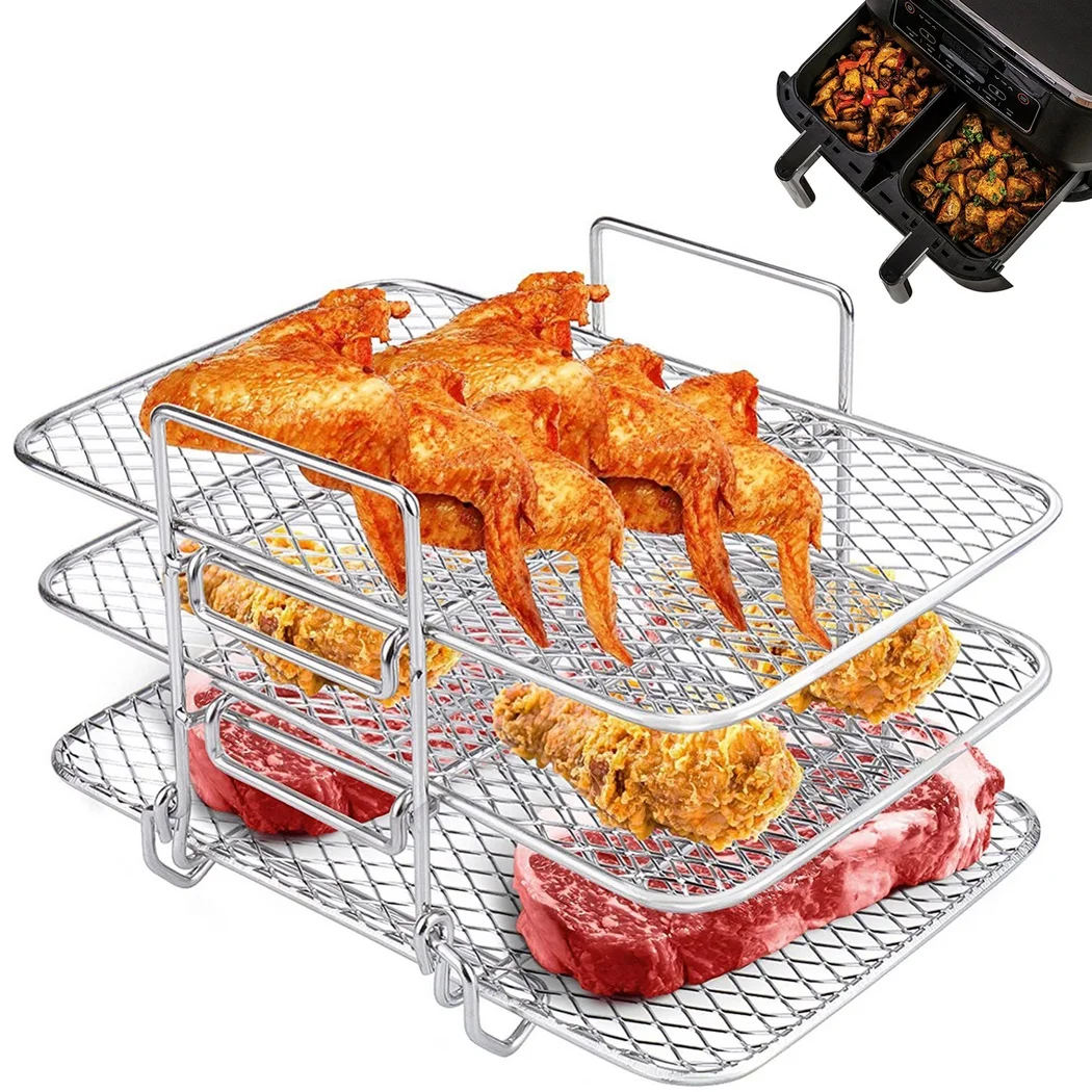 Air Fryer Rack, 3 Tier Grid Air Fryer Dehydrate Rack, Multifunctional Stackable Stainless Steel Grill Pan for Ovens Press Cookers