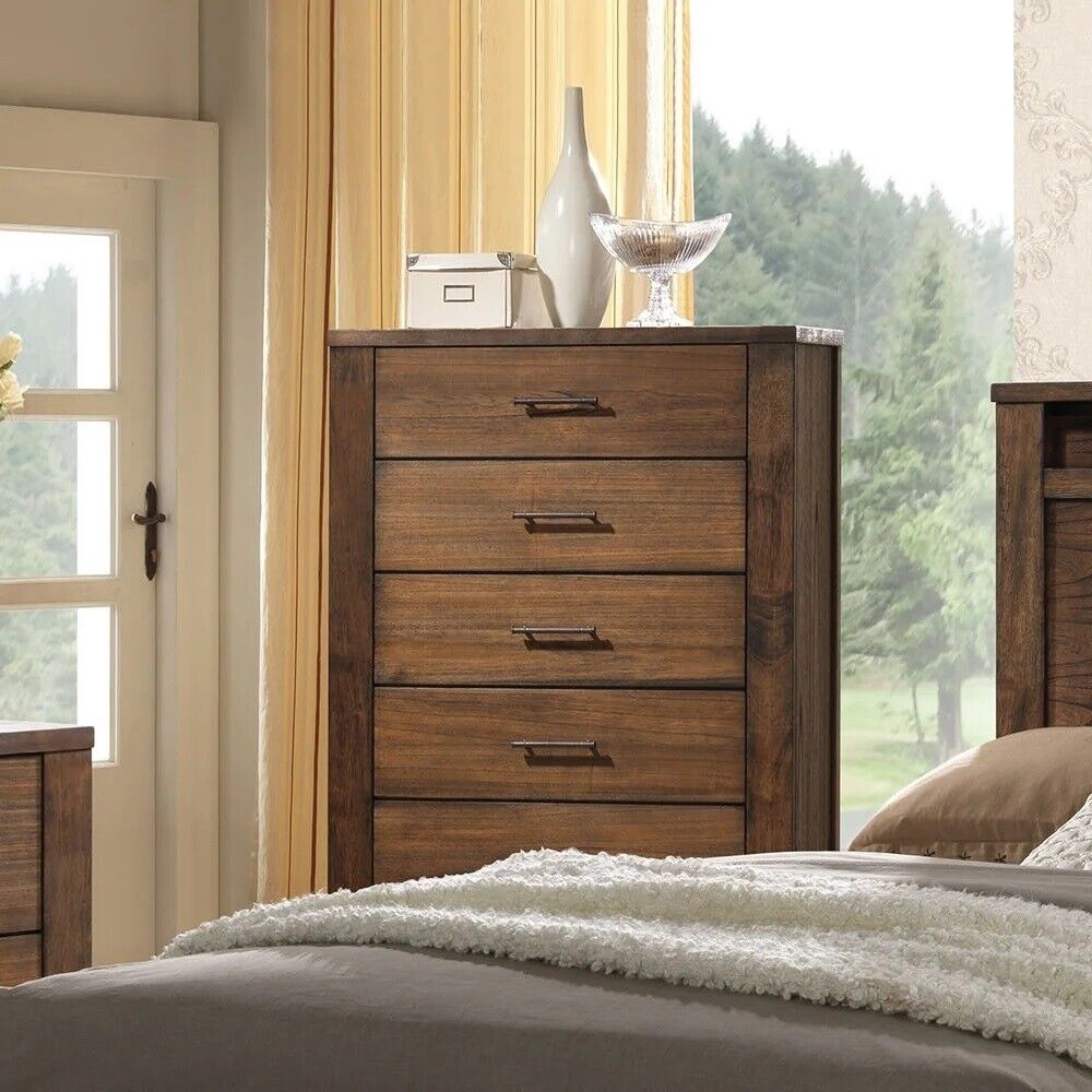 Transitional Oak Veneer Wood Finish Bedroom Furniture 6pc Set Cal King Size Bed Dresser Mirror Nightstands Chest Storage FB
