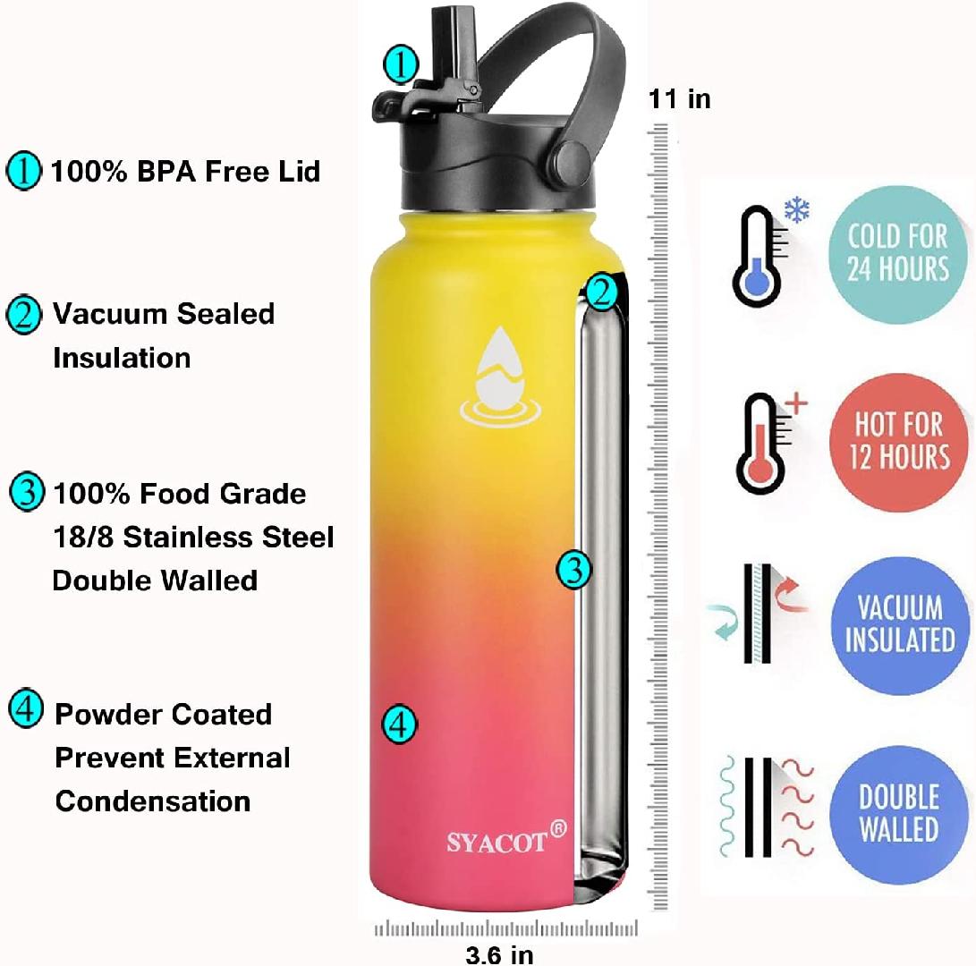 40 oz Stainless Steel Water Bottle, Insulated Double Wall Vacuum Leak Proof Water Flask, Metal Thermo Canteen Mug —Wide Mouth with 2 Straw Lids