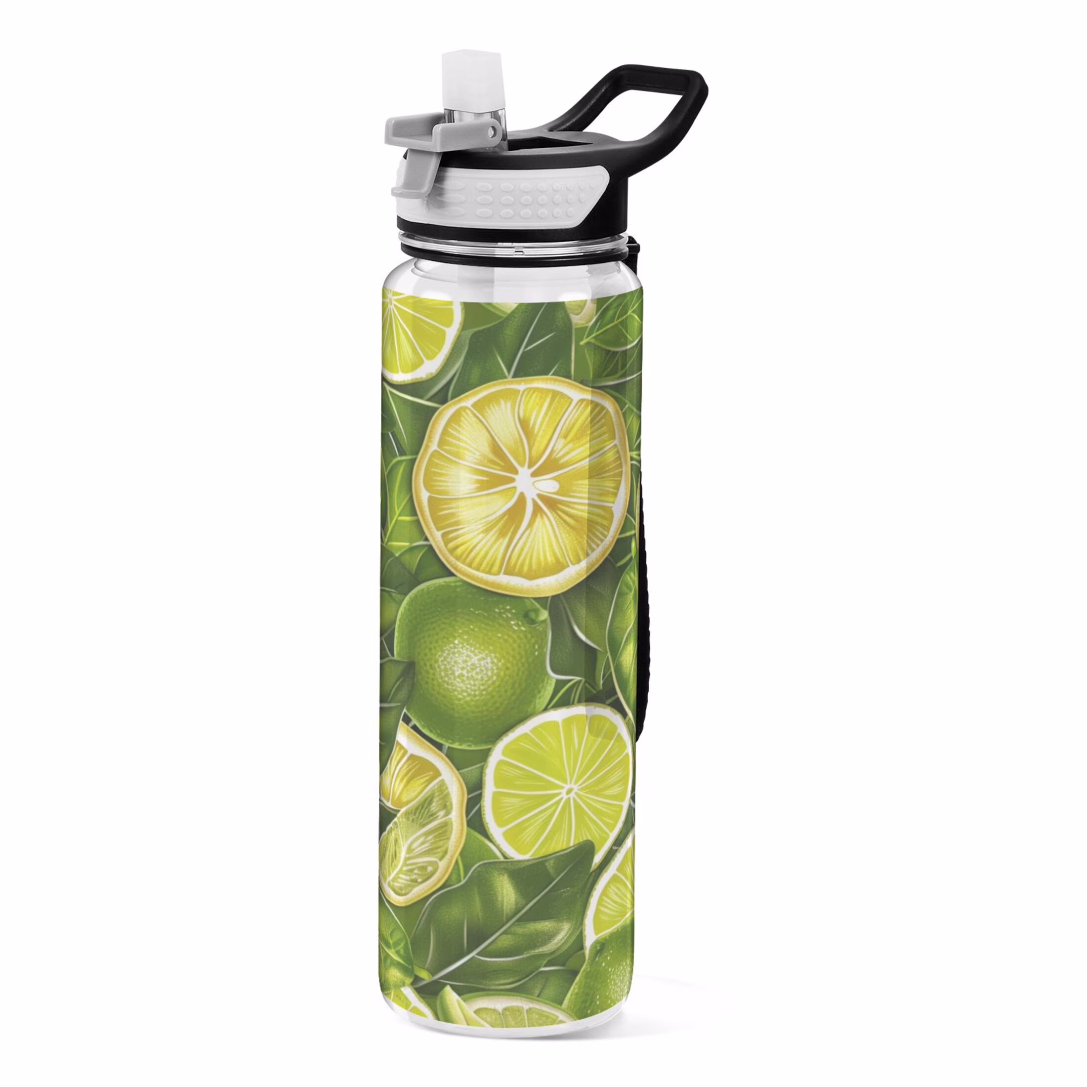 Green Lemon with Leaves 32oz Sports Water Bottles Leakproof Tritan Bottle with Straw BPA Free Clear Bottle for Fitness Gym Outdoor Cycling