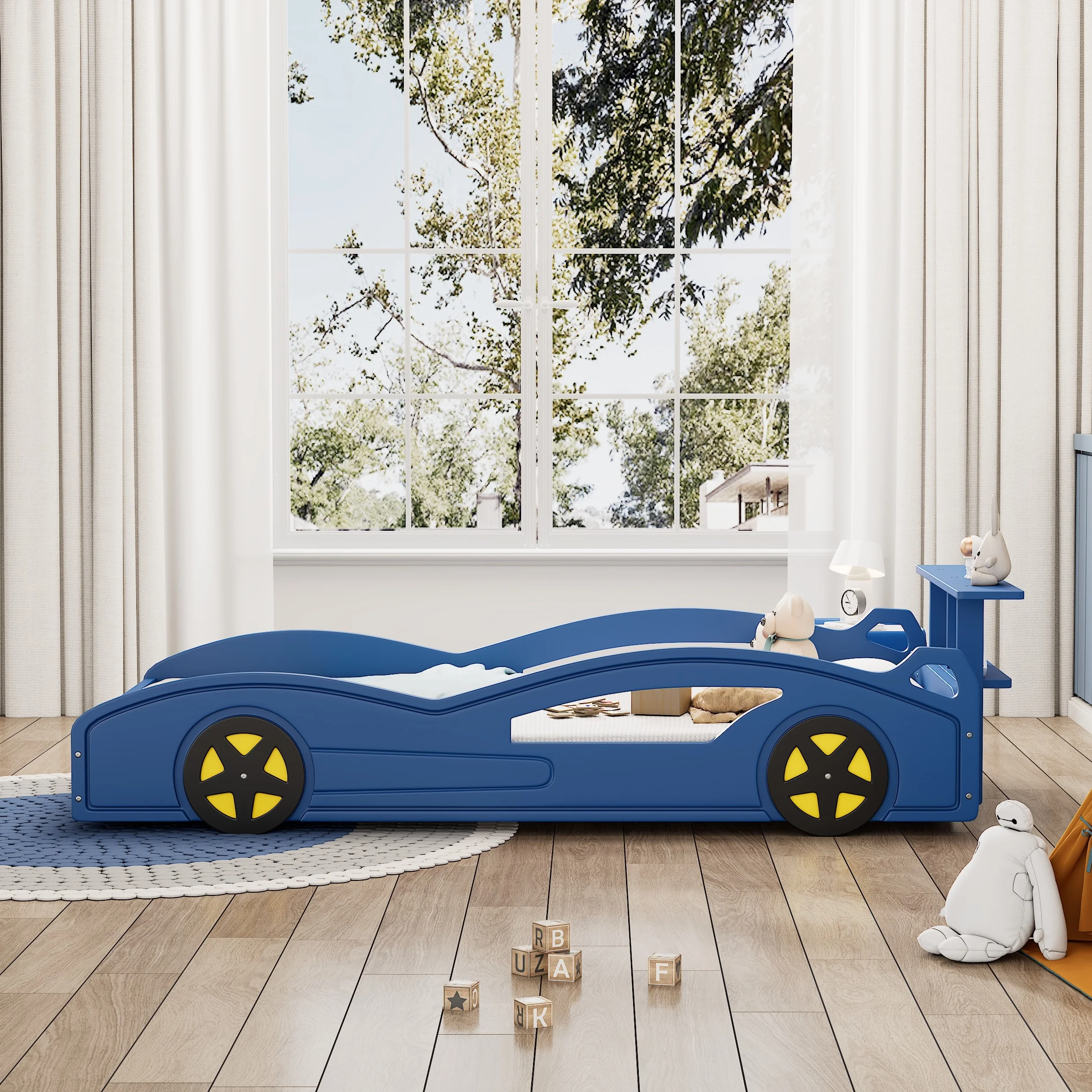CoSoTower Wooden Race Car Bed,Car-Shaped Platform Twin Bed with Wheels for Teens,Blue & Yellow