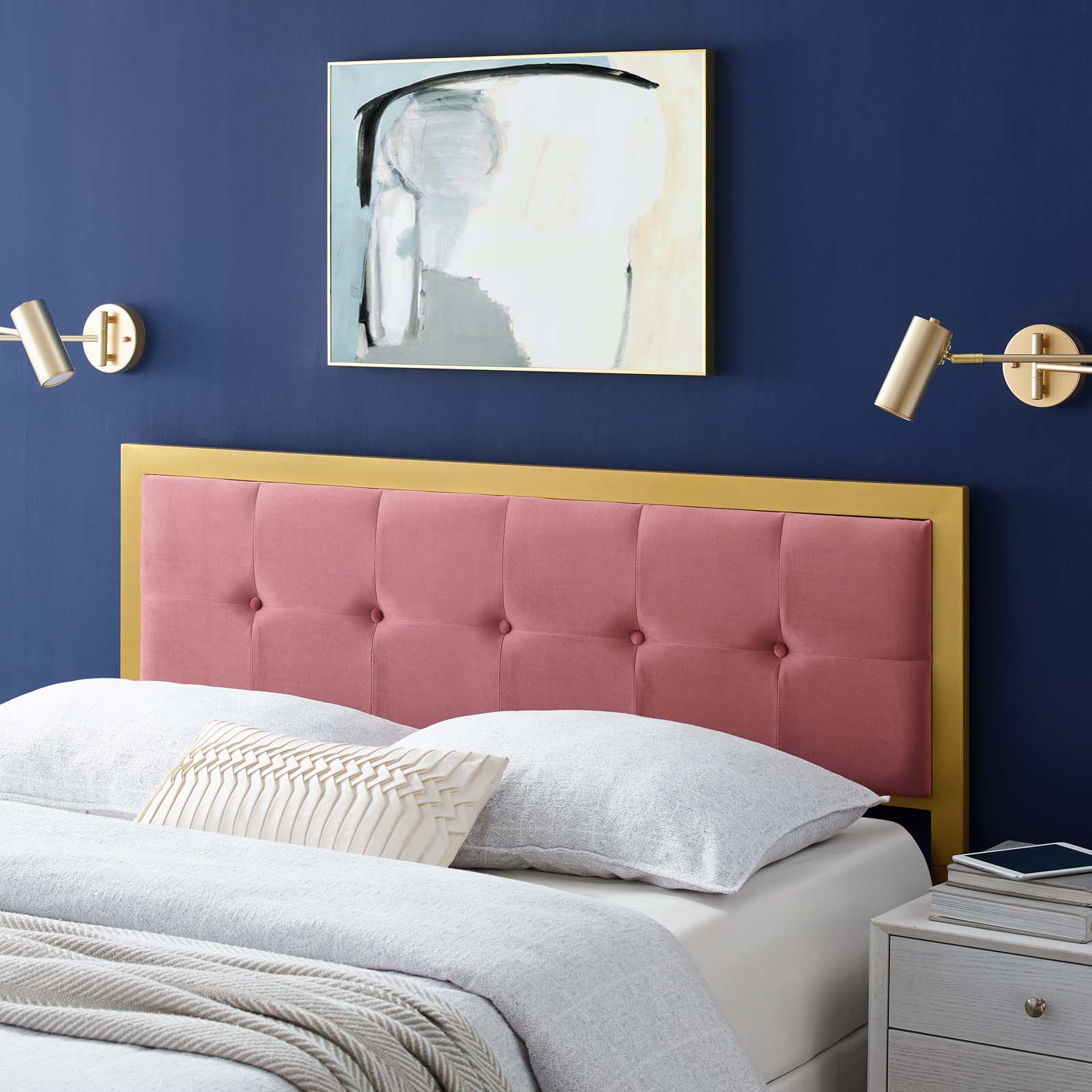 Tufted Headboard, King Size, Velvet, Metal Steel, Gold Pink, Modern Contemporary Urban Design, Bedroom Master Guest Suite