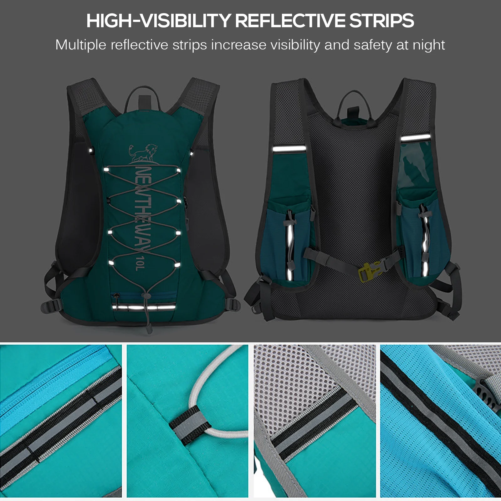 Grey 10L Hydration Backpack Vest Cooler Bag, Lightweight Nylon, Reflective Strips, Cycling Camping Hiking