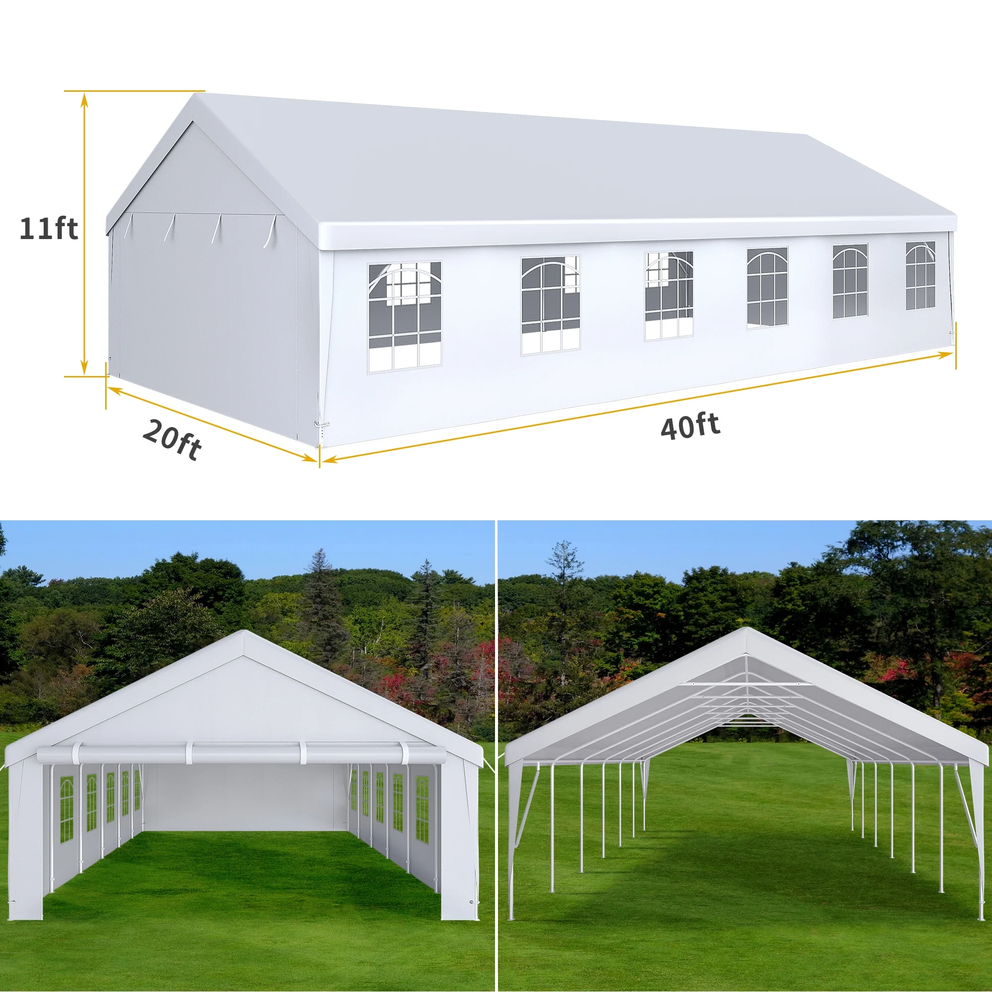 Dextrus 20x40FT Outdoor Heavy Duty Party Tent Wedding Events Gazebo Upgraded Galvanized Car Shelter Commercial Fair with Large White Roof, Removable PVC Sidewall Windows