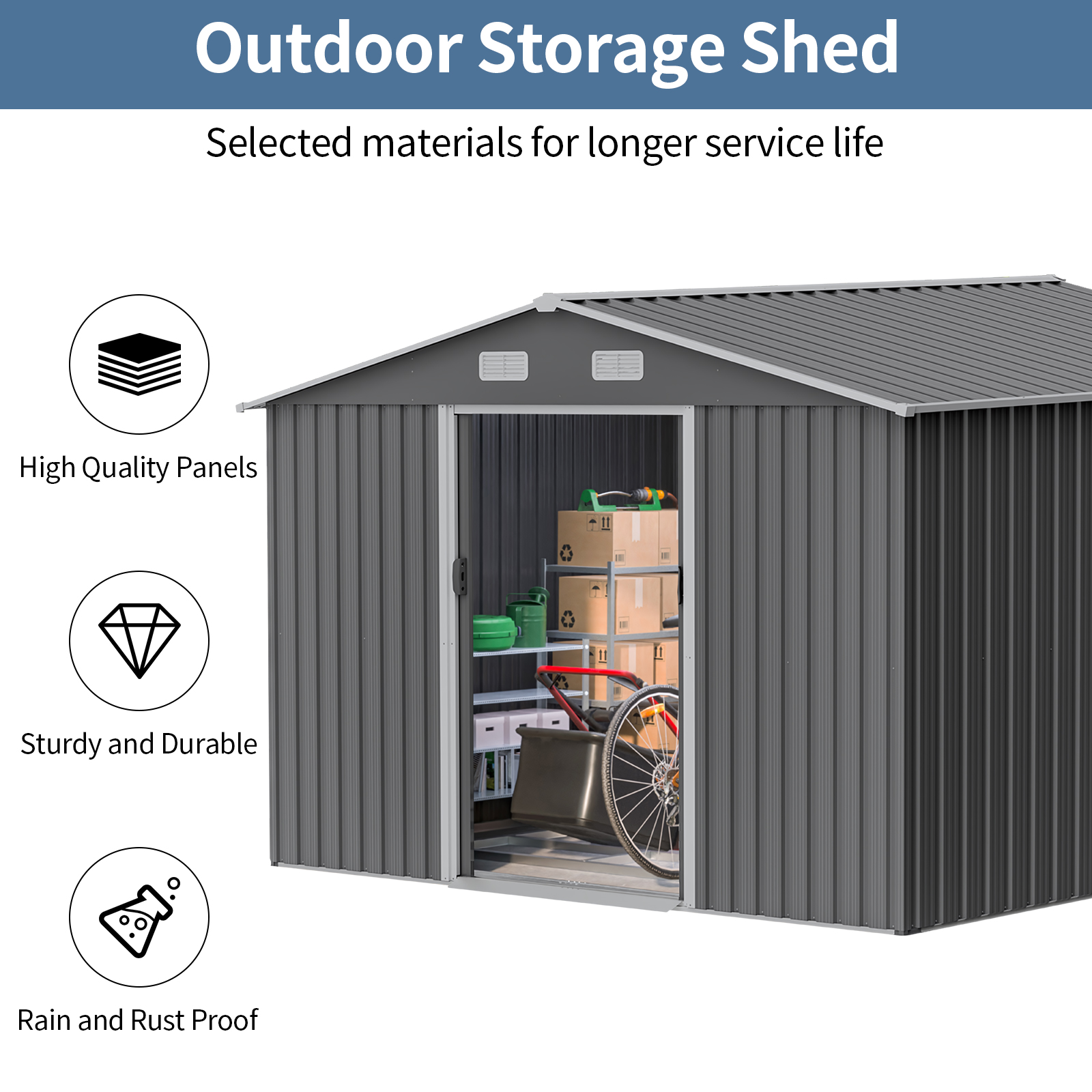 SYTHERS 10' x 8' All Weather Outdoor Storage Shed, Metal Garden Tool Sheds for Garden, Patio, Backyard, Lawn, Grey