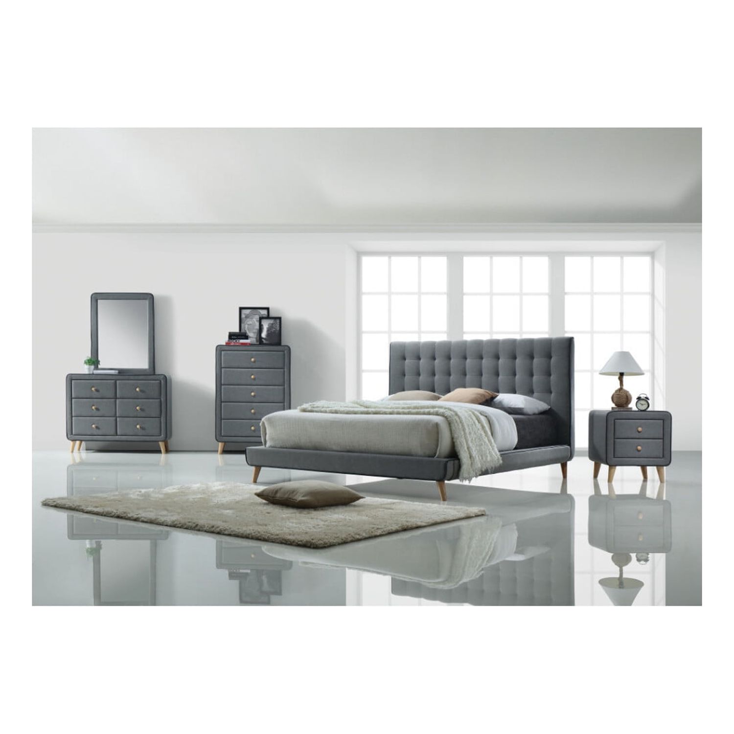 Benzara BM156018 46 x 69 x 89 in. Well-designed Contemporary Style Queen Size Padded Bed, Grey
