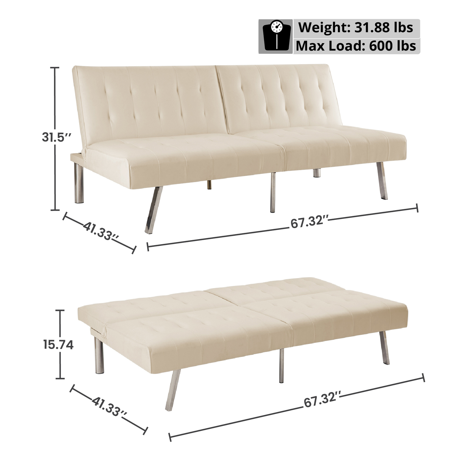 Tufted Split Back Futon Sofa Bed, Couch Bed, Futon Convertible Sofa Bed with Metal Legs by Naomi Home-Color:White,Style:Faux Leather