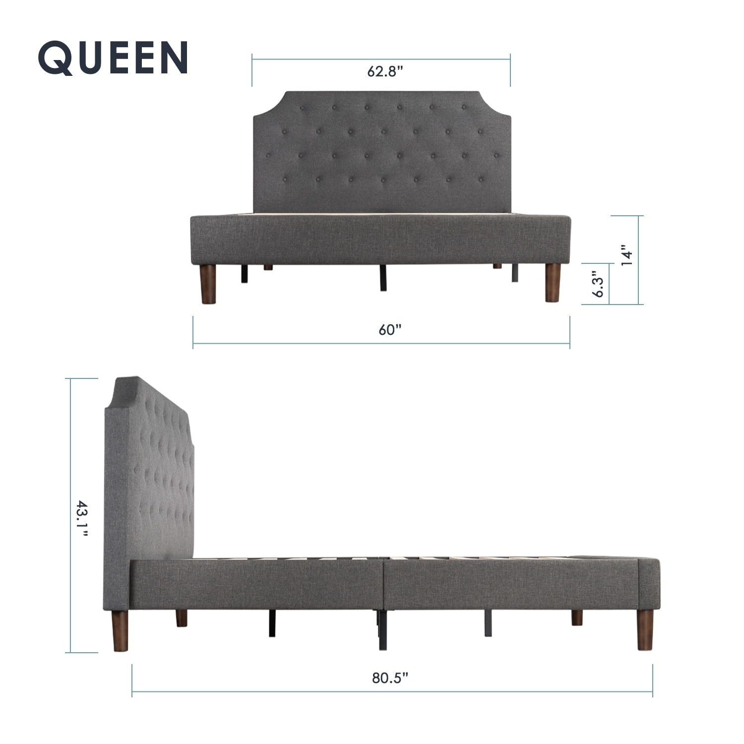 Crown Comfort  Dark Grey Modern Upholstered Tufted Platform Bed Queen