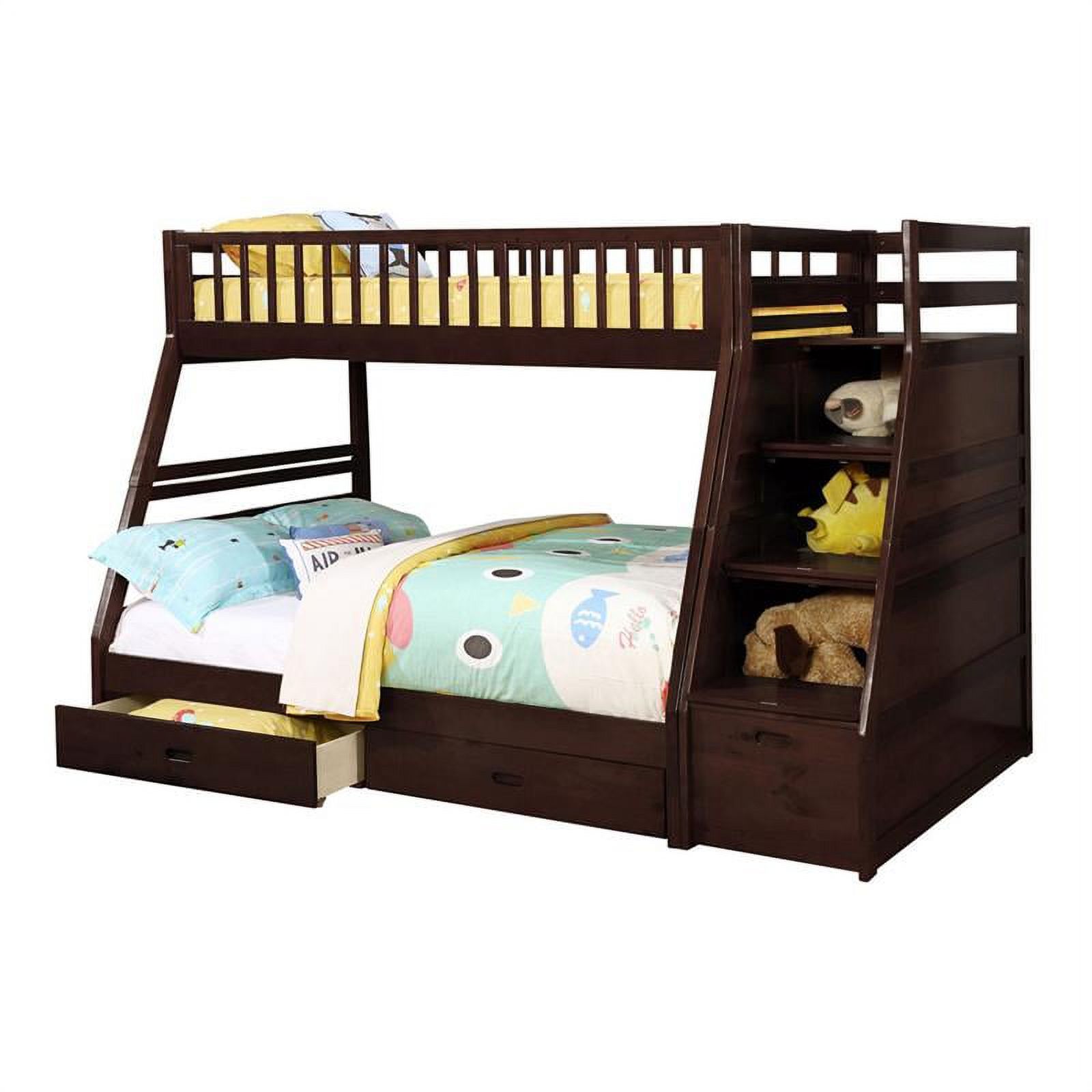 BEKids Solid Wood Twin/Full Staircase Bunk Bed with Storage in Java Brown