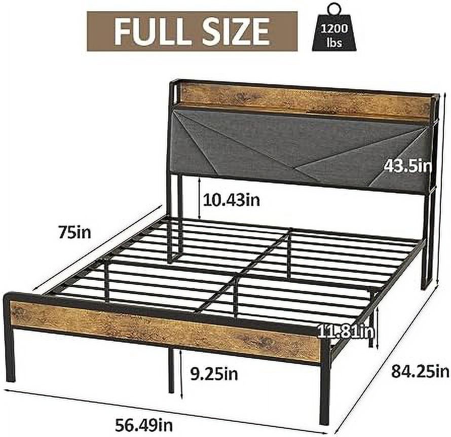 xrboomlife Queen Bed Frame with Charging Station and  Headboard Farmhouse Metal Platform Bed with Led Upholstered Headboard Queen Size Bed No Box Spring Needed  Easy to Install
