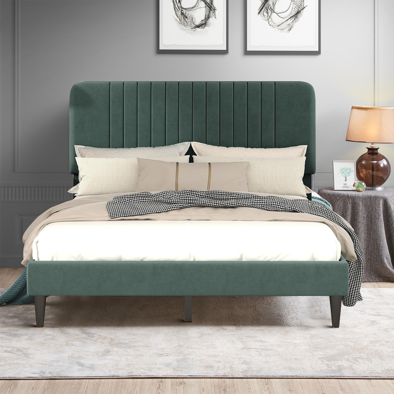 Fashion Design Full Size Platform Bed with Headboard and Center Support Legs