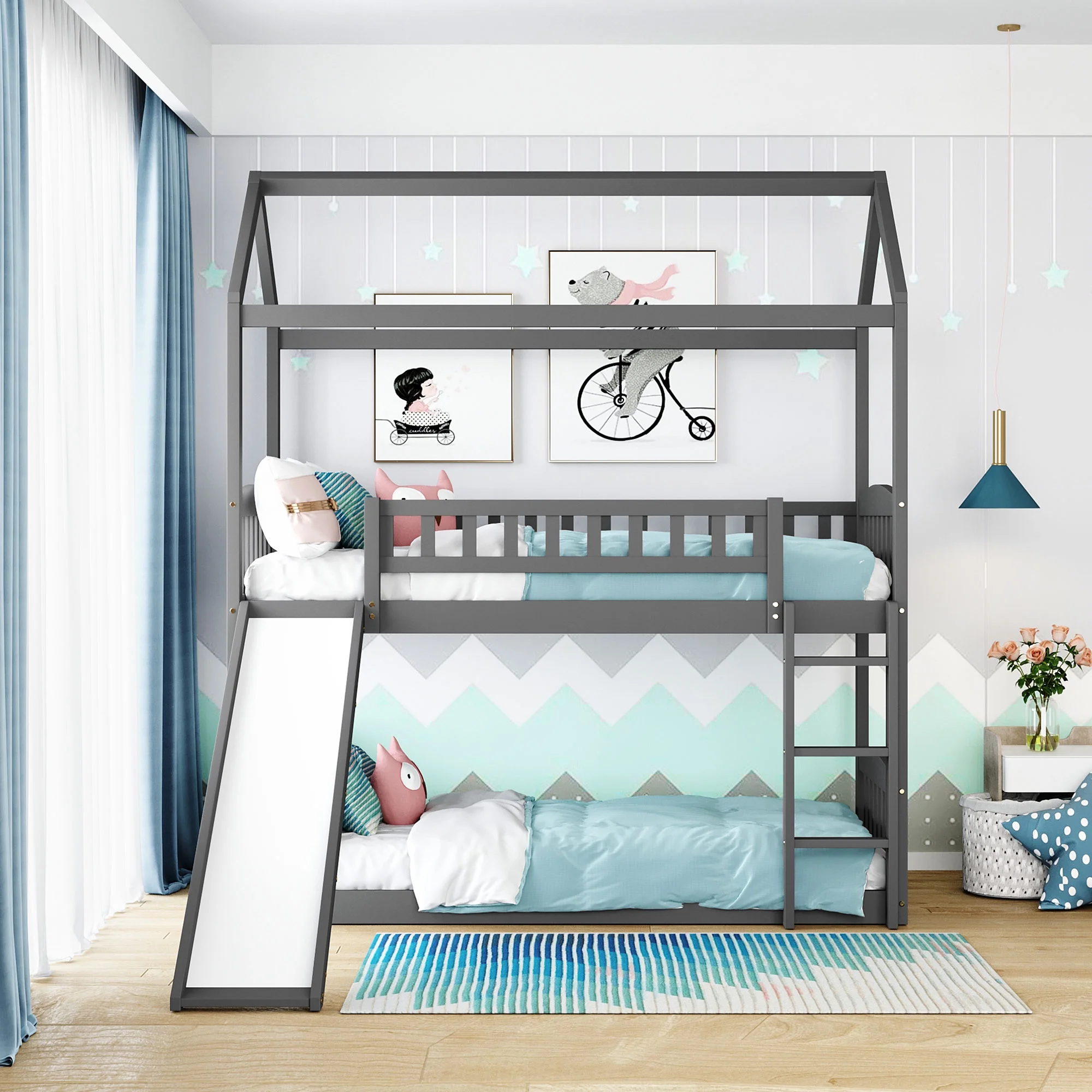 Nestfair Gray Twin Over Twin Bunk Bed with Slide