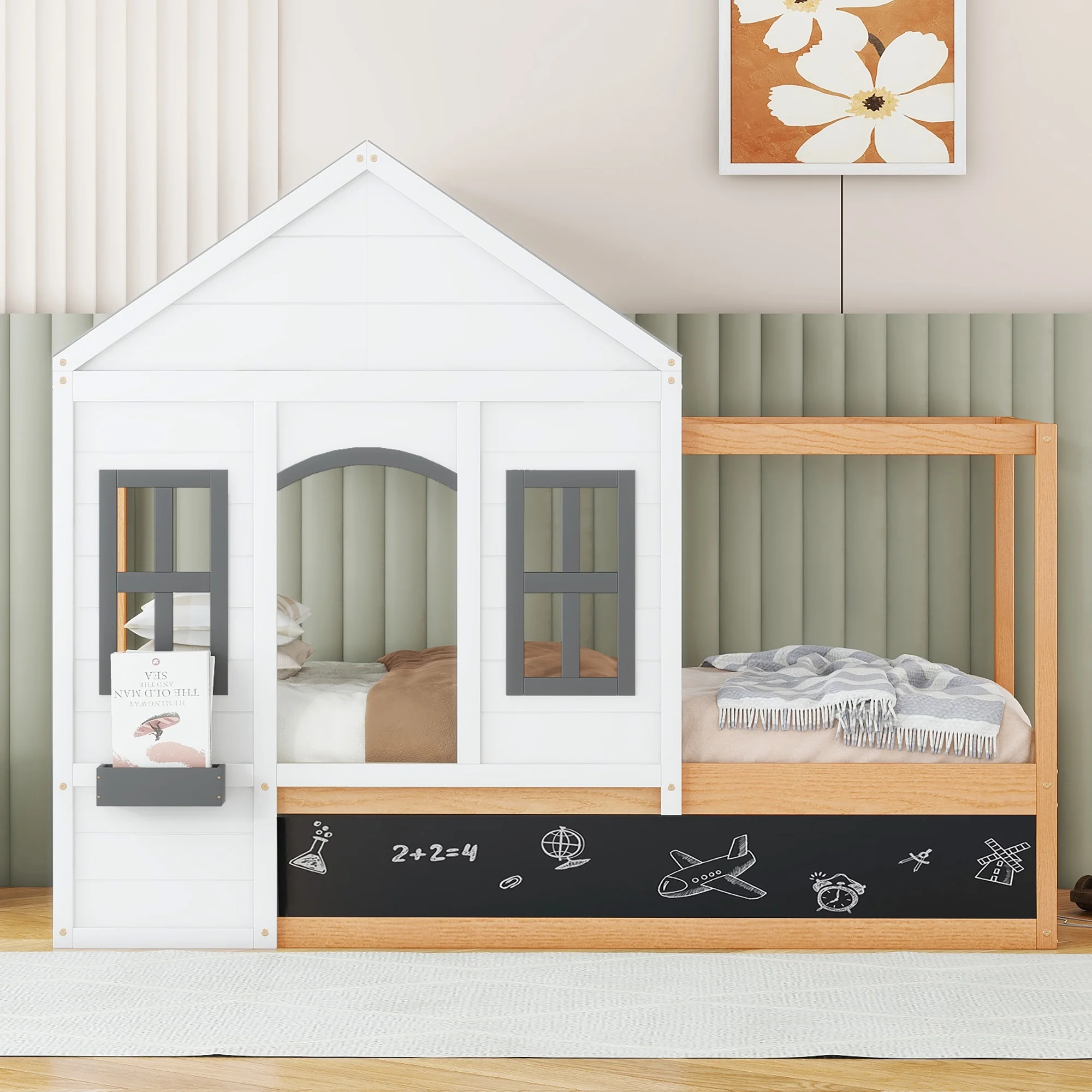 Nestfair White Twin Size House Bed with Roof, Blackboard and Little Shelf