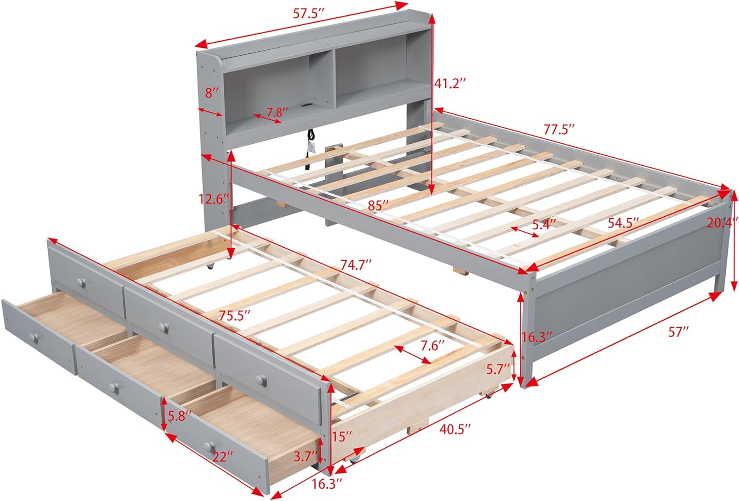 Full Size Bed With Trudle Ad Drawers, Full Stora Bed With Bookcase Headboard, USB,Type-C Ports Ad LED Light, Wood Full Bed Frames For Kids Tees Adults - Gray