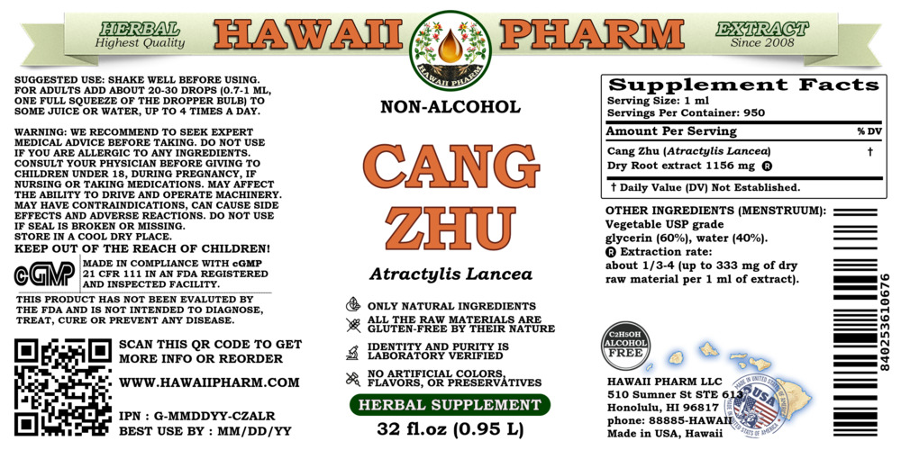 Cang Zhu (Atractylis Lancea) Dry Root ALCOHOL-FREE Liquid Extract. Expertly Extracted by Trusted HawaiiPharm Brand. Absolutely Natural. Proudly made in USA. Glycerite 32 Fl.Oz