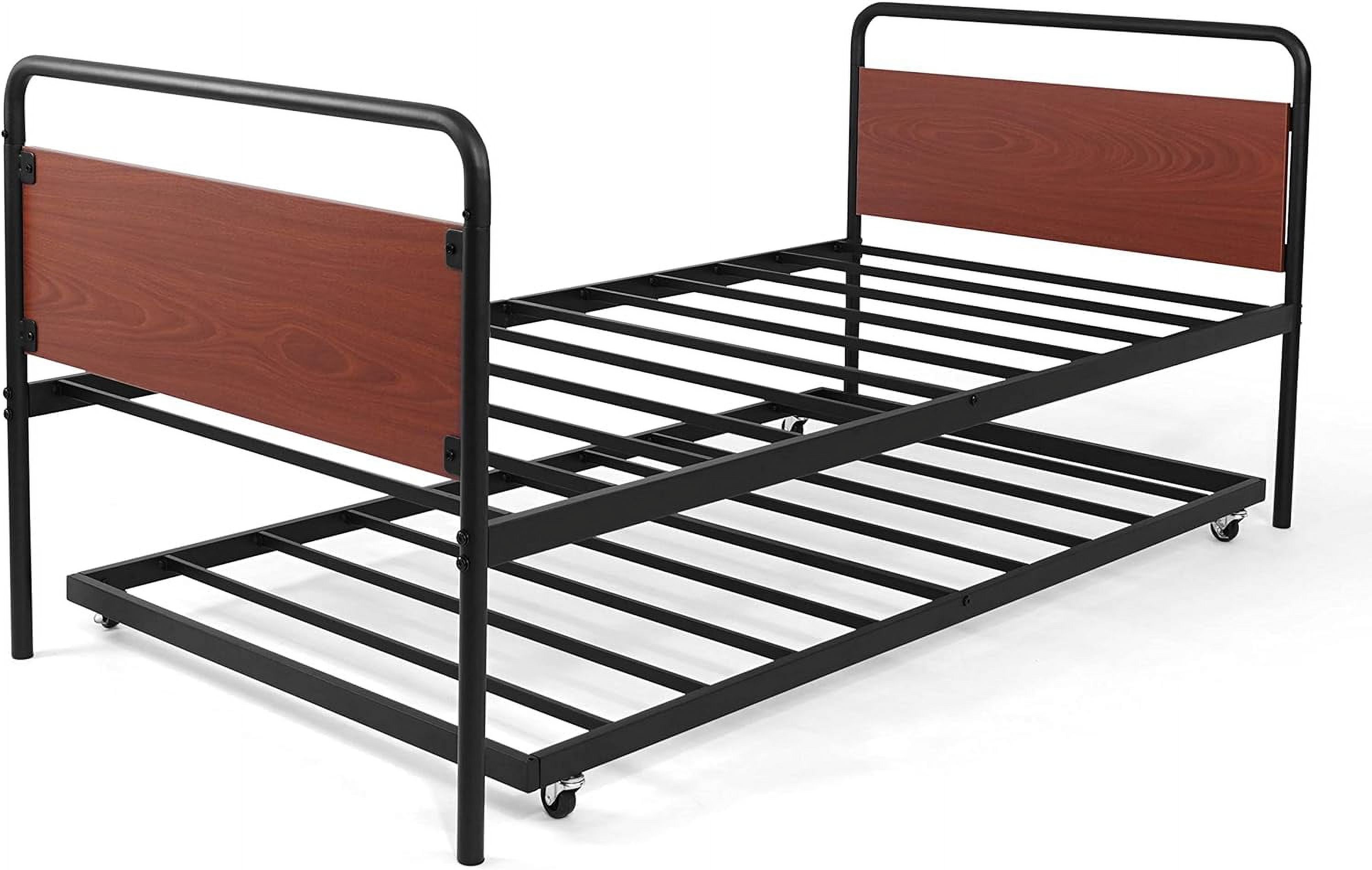 Round Corner Daybed And Trundle Set, Metal Bed Frame With Trundle, Mattress Foundation With Steel Slat Support And Roll Out Trundle Accommodate, Premium Steel & P2 Board, Walnut