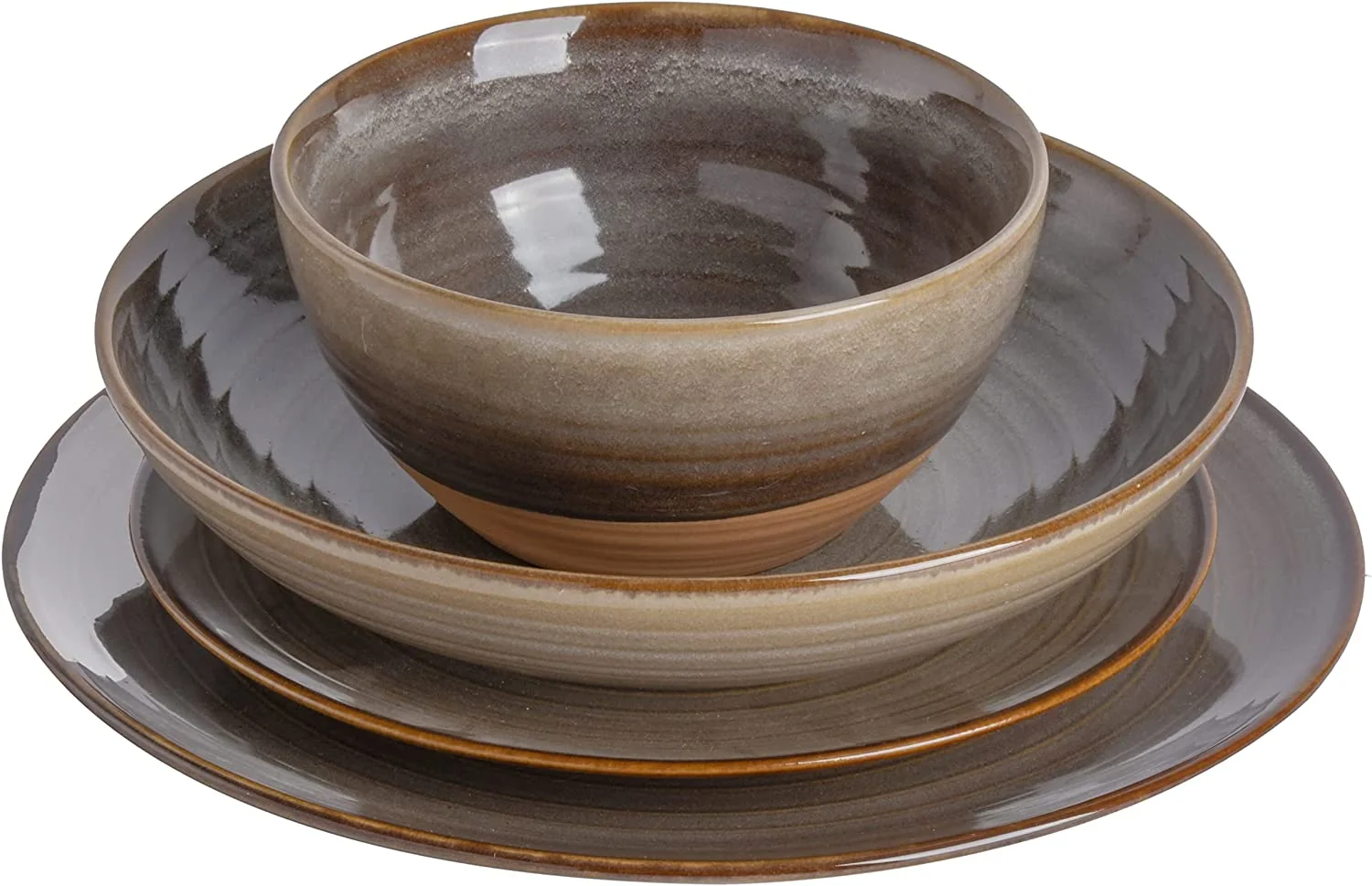 YHZCY 16 Piece Dreamweaver Double Bowl Terracotta Reactive Dinnerware Set - Earthy Brown