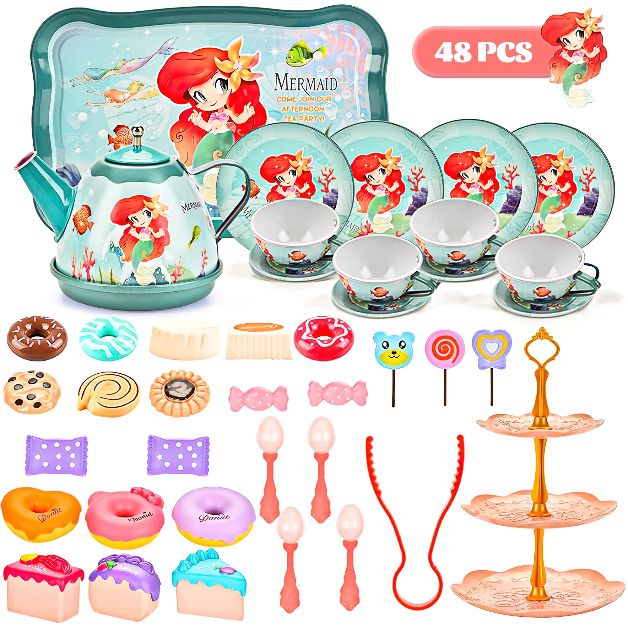 Flooyes Mermaid Tea Party Set for Kids, Pretend Play Tea Set, 48 PCS Toy Tea Set Includes Teapot, Cups, Saucers, and Accessories - Perfect Christmas Gifts for Kids Girls Parties Role-Playing Games
