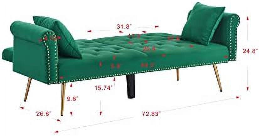 YZboomLife Modern Velvet 2 in 1 Futon Sofa Bed Convertible Folding Sleeper Bed Couches with 2 Pillows 73" Tufted Recliner Love Seat with Golden Chrome Legs for Living Room Apartment O