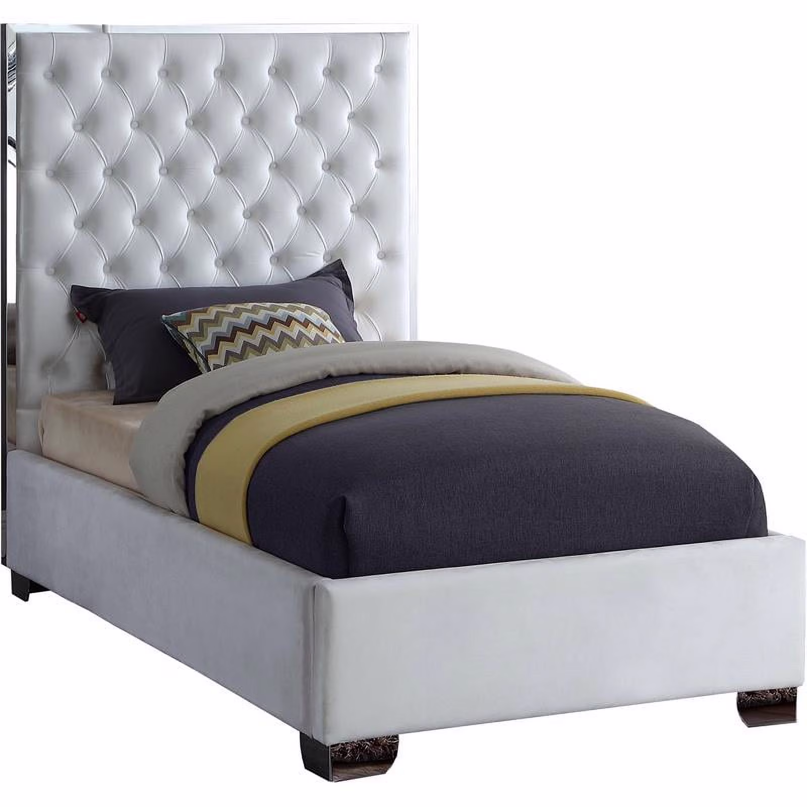 Maklaine 58.5''H x 44''W x 81.5''D Solid Wood and Velvet Twin Bed in White