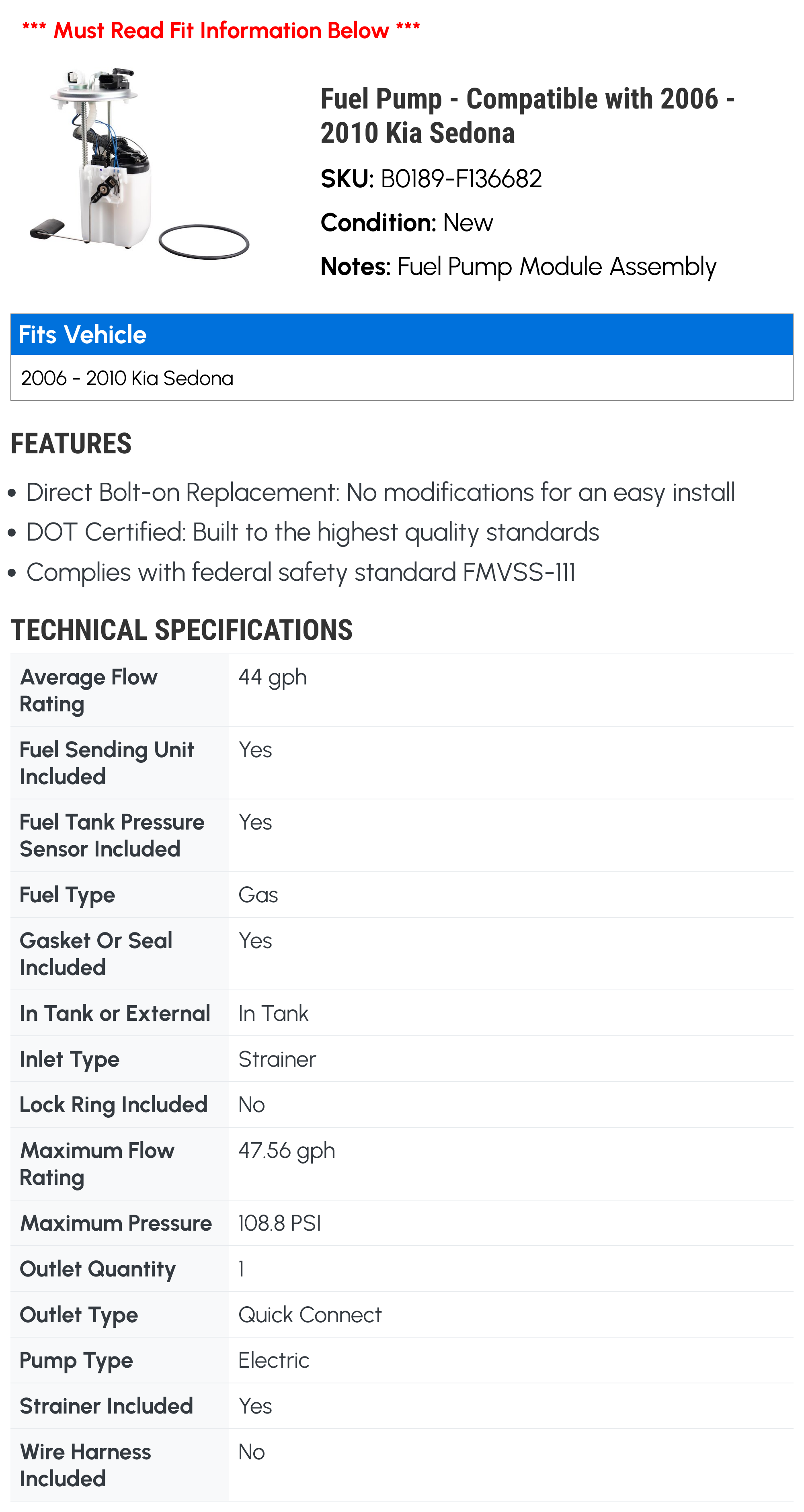 Fuel Pump - Compatible with 2006 - 2010 Kia Sedona 2007 2008 2009