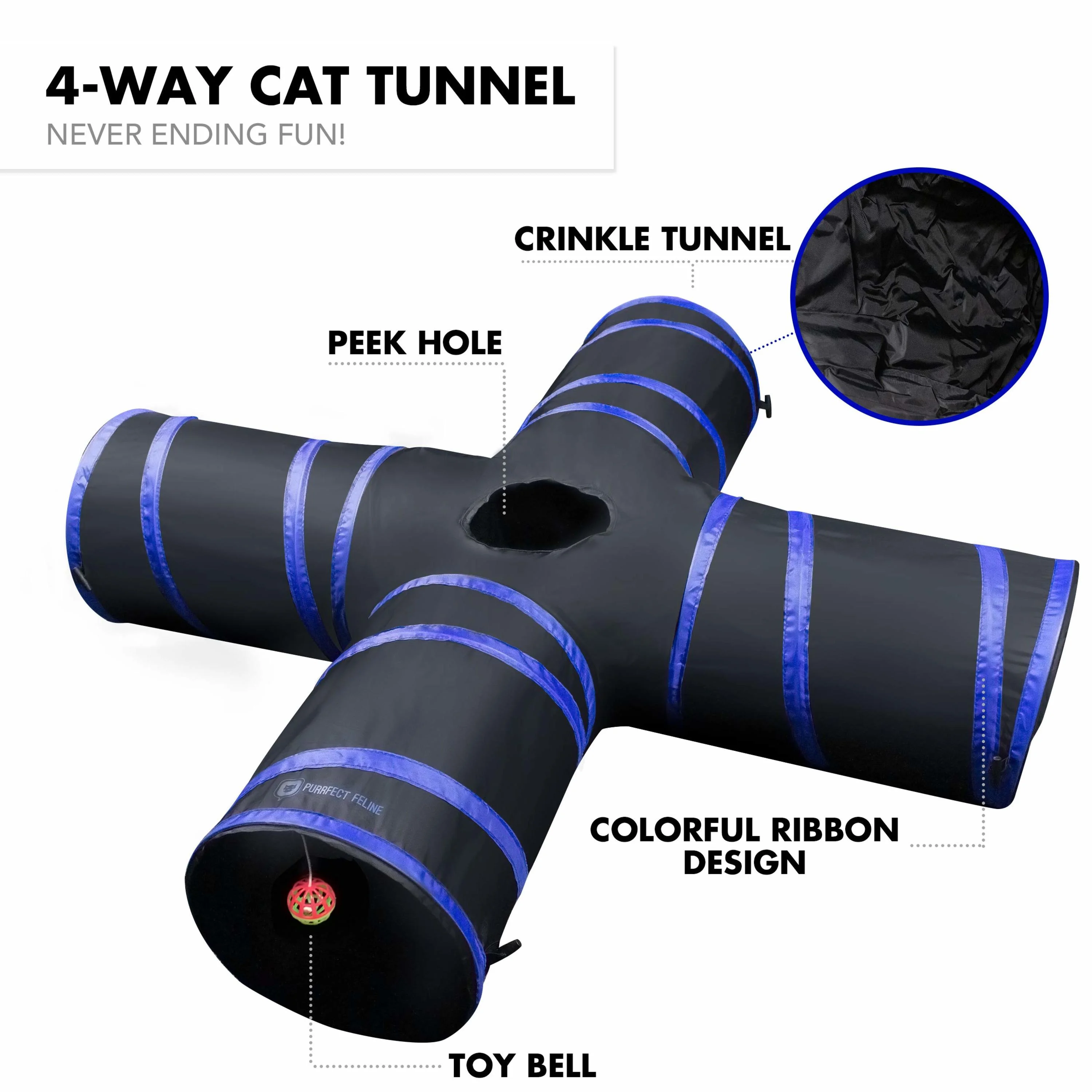 Purrfect Feline 4 Way Cat Tunnel, Interactive Cat Toy for Indoor Cats, Blue