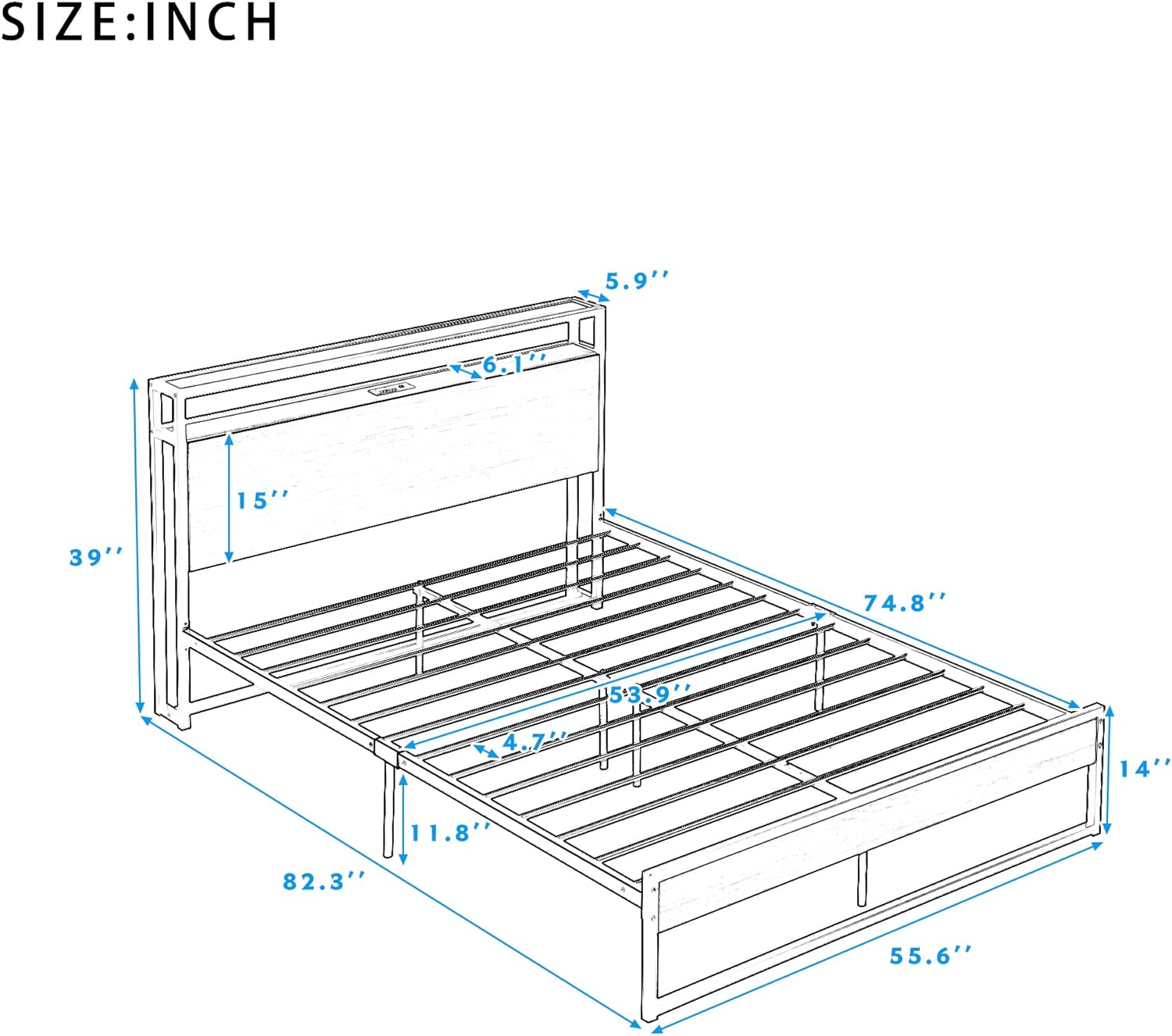 Metal And Wood Full Size Platform Bed Frame With Headboard And Footboard, Metal Bed With Sockets And USB Ports