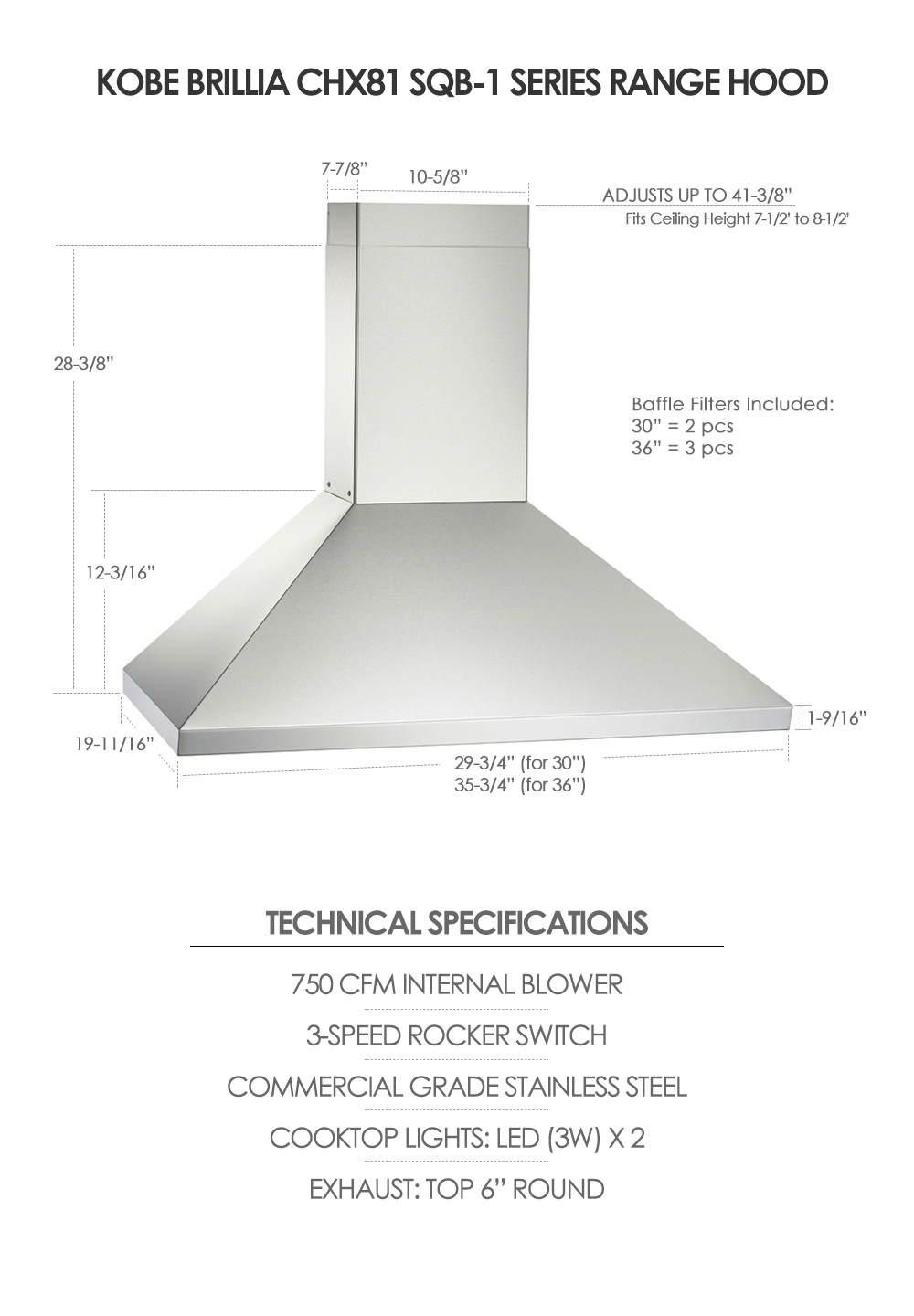 KOBE CHX8136SQB-1 Brillia 36-inch Wall Mount Range Hood, 3-Speed, 750 CFM, Fits Ceiling Height 7.5'-8.5'