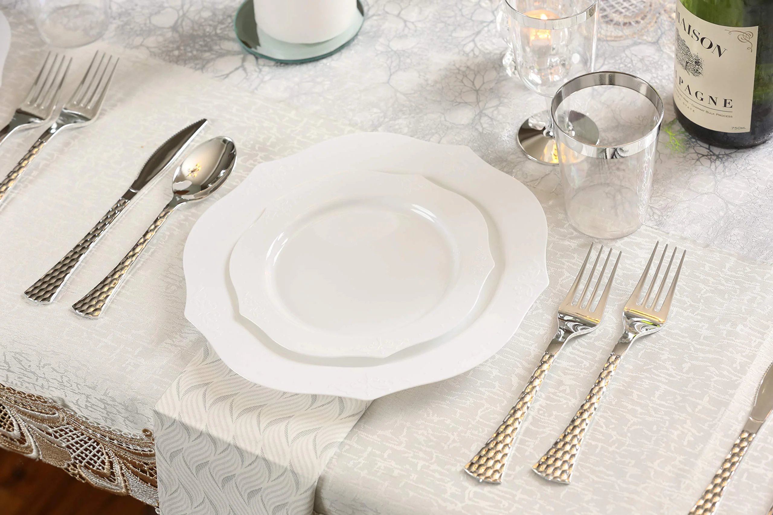 Posh Setting Antique Collection Combo Pack China Look White Plastic Plates,(Includes 4 Packs of 20 Plates, 40 10'' Dinner Plates and 40 7'' Salad Plates), Fancy Disposable Dinnerware