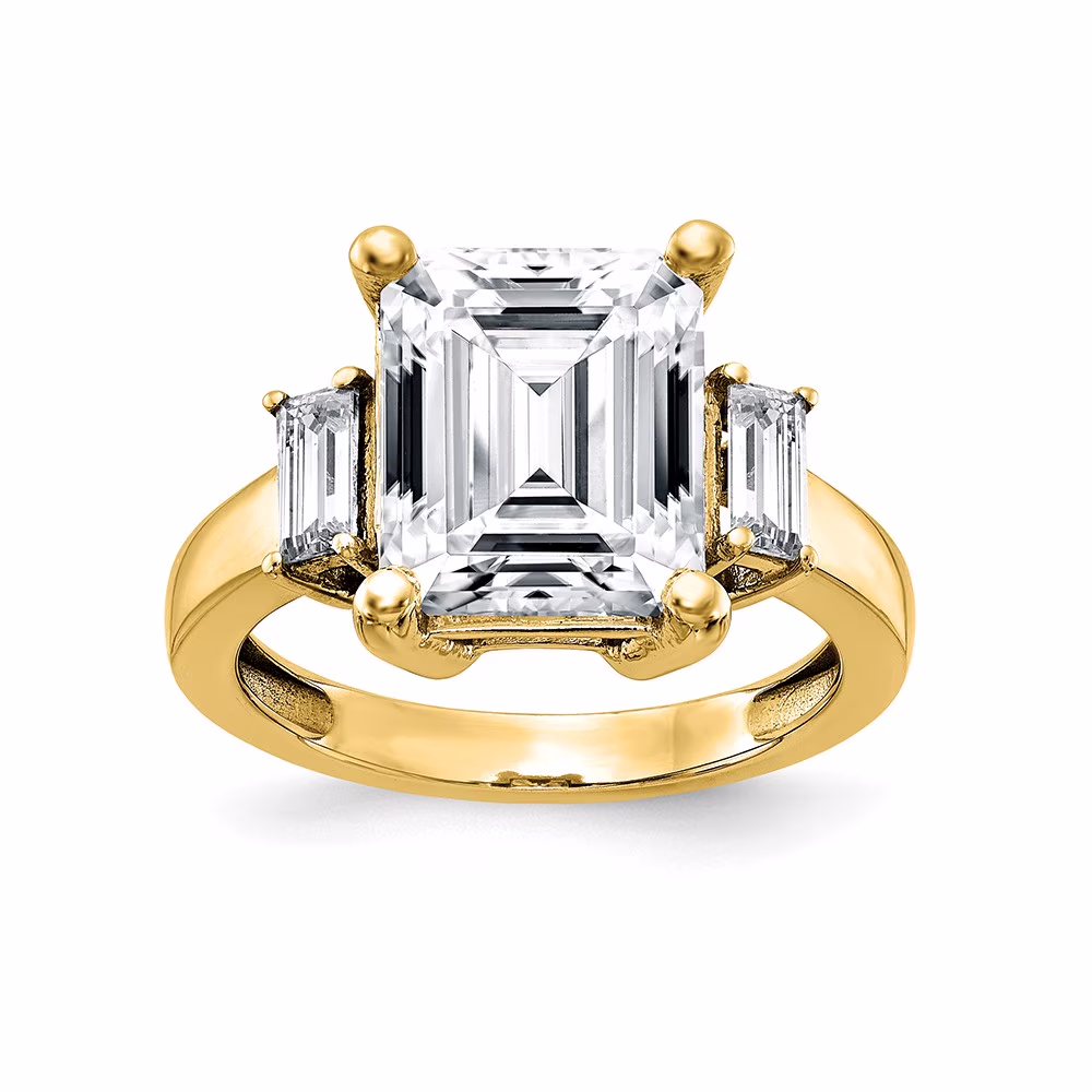 14K Yellow Gold Ring Band Moissanite Octagon Emerald White Baguette, Size 7