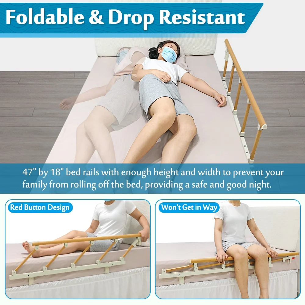 Bed Rails for Elderly Adults Seniors Assist Bar Bed Railing Cane Side Rail Guard Fall Prevention Handle Fold Down Hand Safety Rails (47×18 INCH)