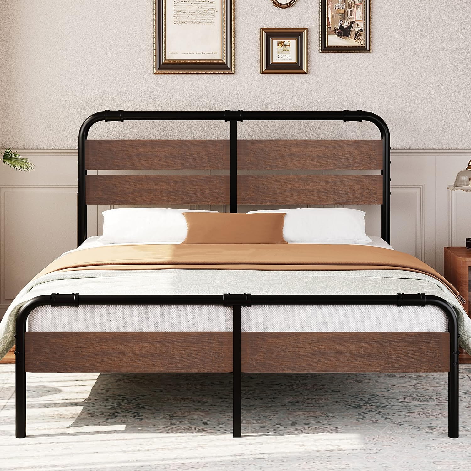King-Size-Bed-Frame with Vintage-Wood - Headboard Platform Metal Slats Mattress Foundation,16 Inches High,No Box Spring Needed(Vintage Brown)