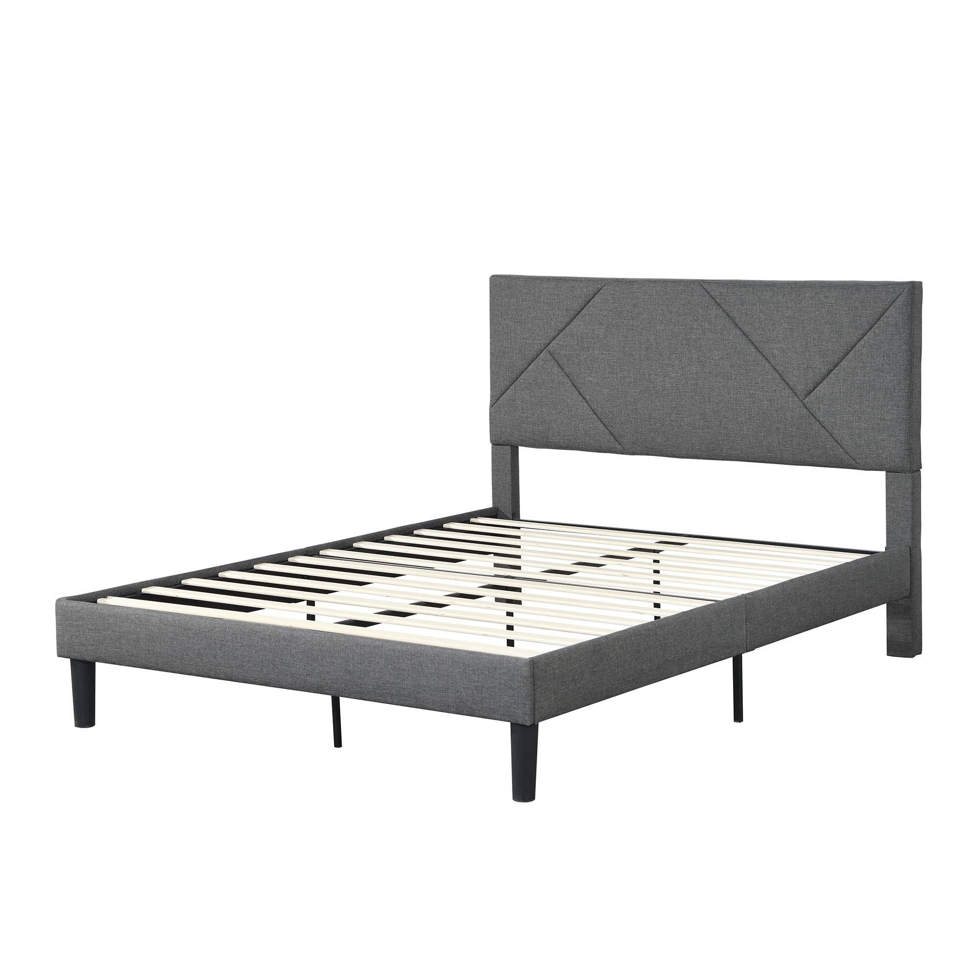 Queen Size Upholstered Platform Bed Frame with Headboard Gray Mattress Foundation