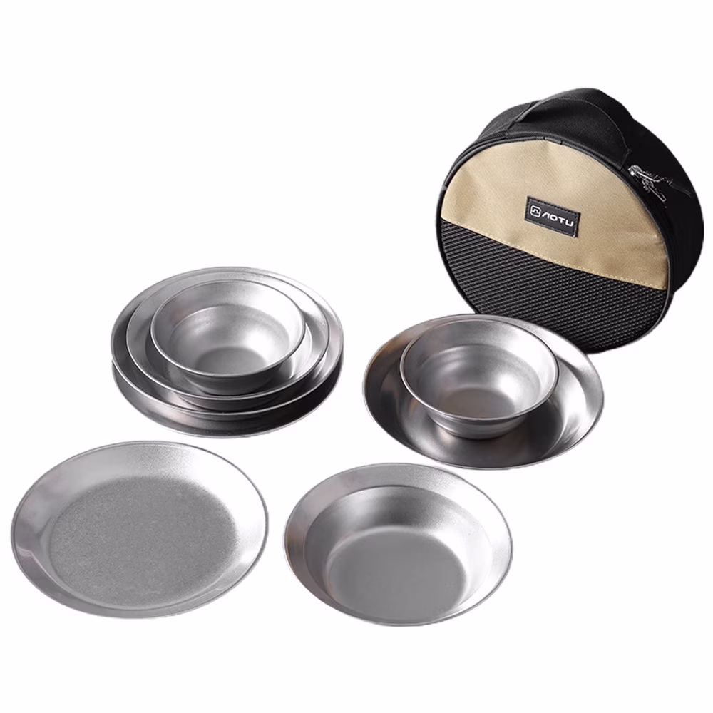 AOTU Stainless Steel Plates and Bowls 8pcs Camping Tableware Sets for Hiking