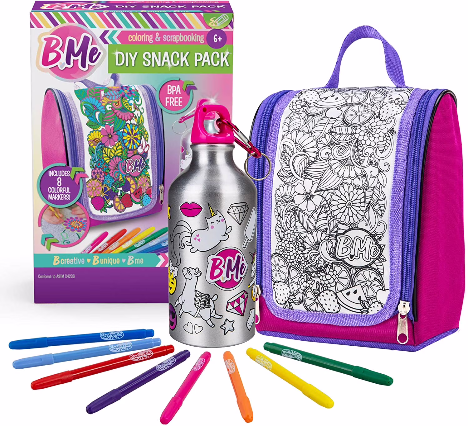 B Me DIY Snack Pack – Color-Your-Own Lunch Bag & Water Bottle Kit for Girls – BPA-Free Thermos, Insulated Lunch Box & 8 Magic Markers – Birthday Gift for Kids Age 6+