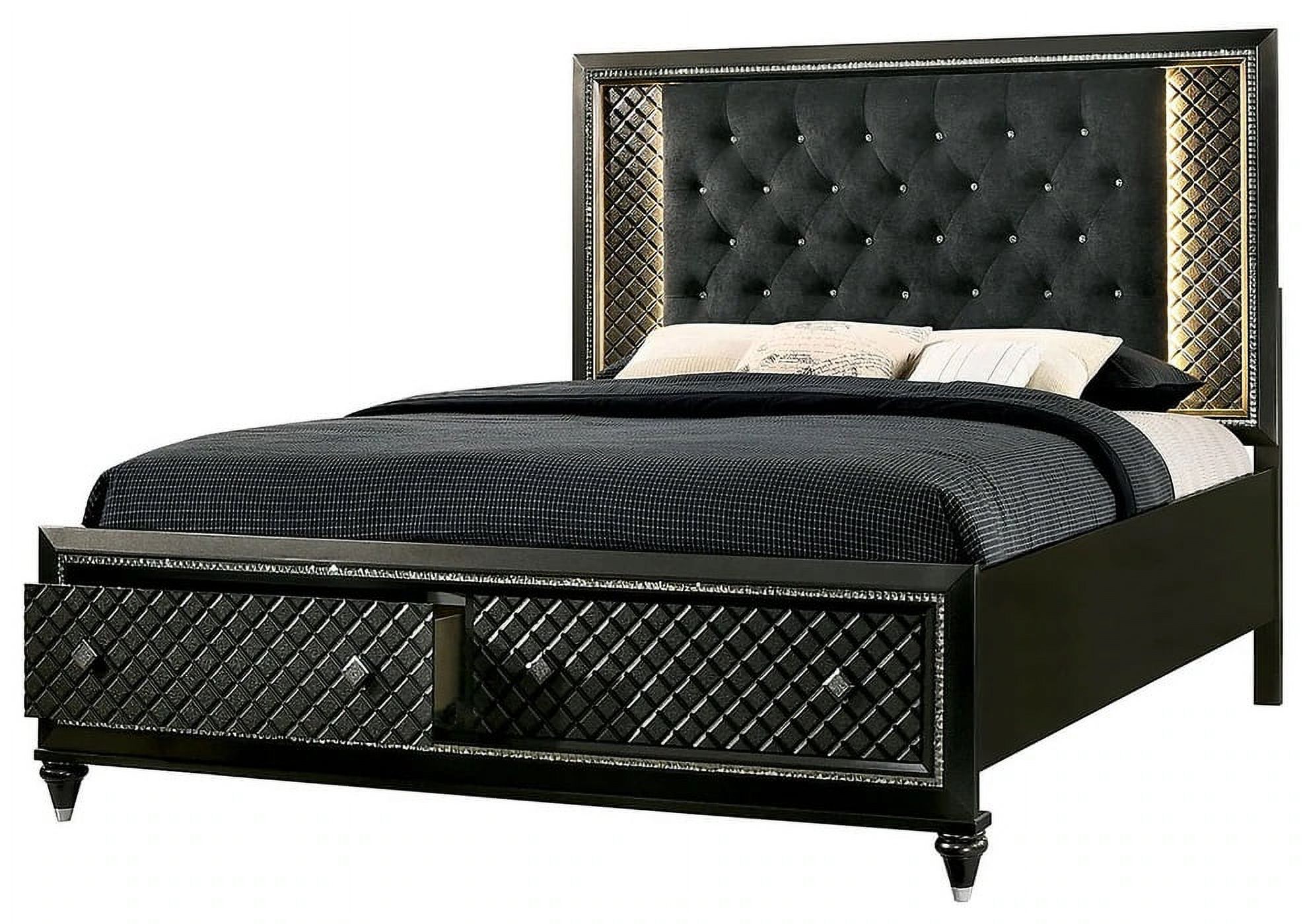Bedroom Furniture 3pc Set Queen Size Bed 2x Nightstands Metallic Gray Solid wood Black Fabric Tufted HB Drawers FB Texture Frame