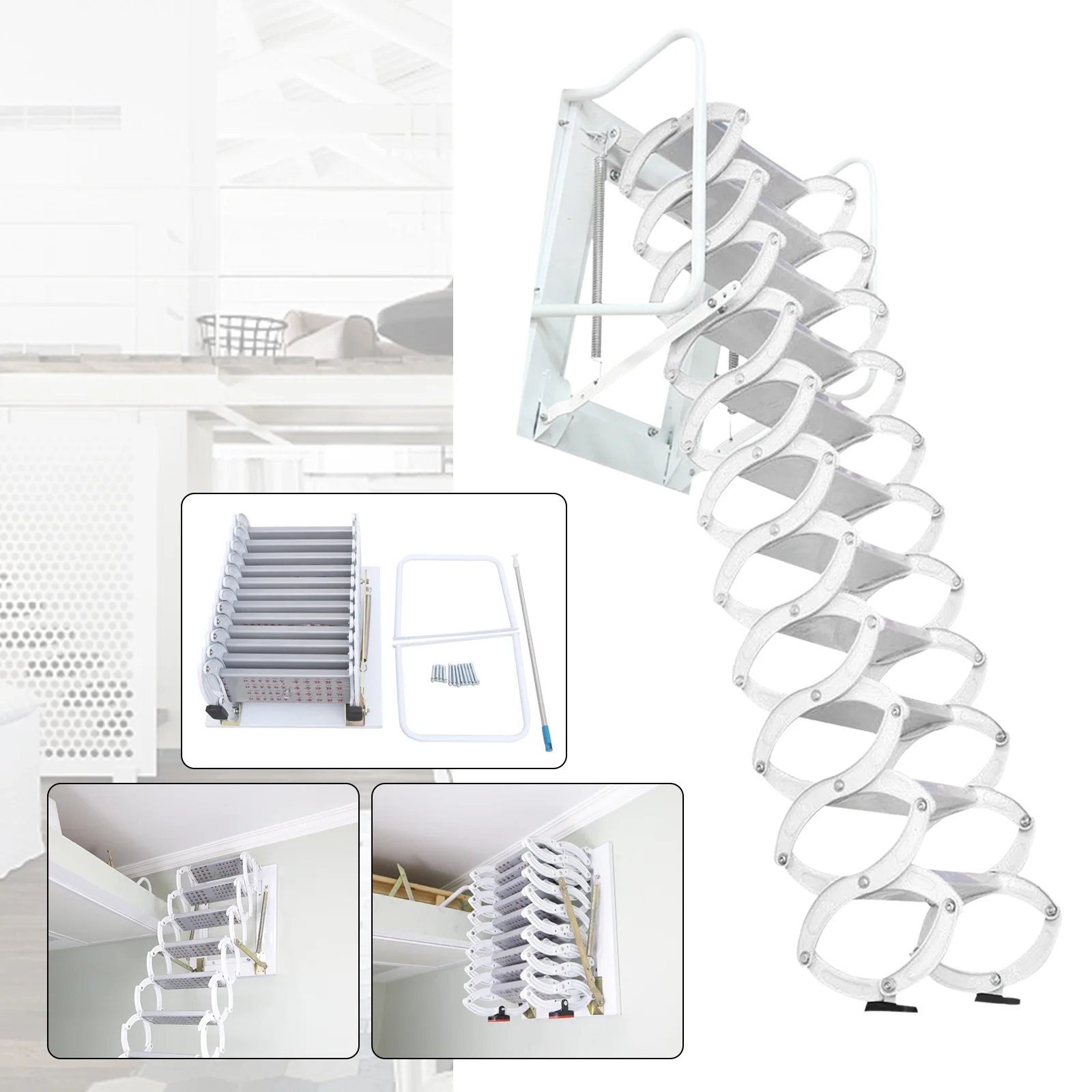 Miumaeov 9.18 ft/ 2.8m 12 Steps Pull Down Attic Stairs Alloy Attic Access Ladder Loft Wall Ladder Stairs Wall-Mounted Folding Ladder Retractable Attic Ladder with Armrests