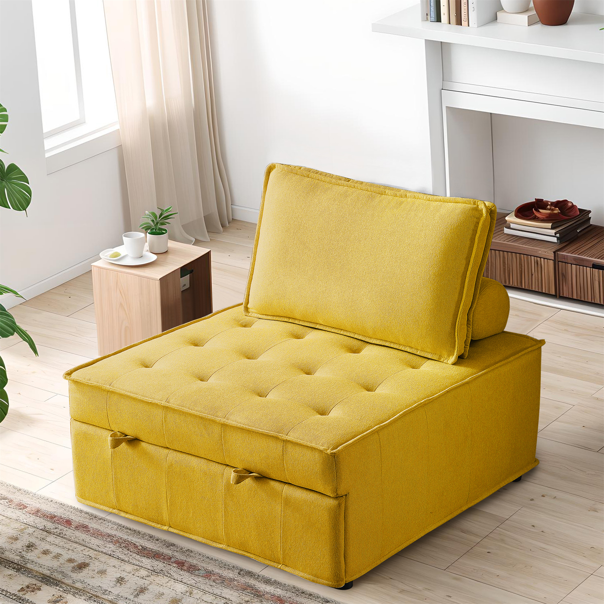 Gexpusm Pull Out Lazy Ottoman Sofa Bed with Removable Backrest, Small Linen Fabric Convertible Sleeper Sofa for Living Room Apartment, Yellow