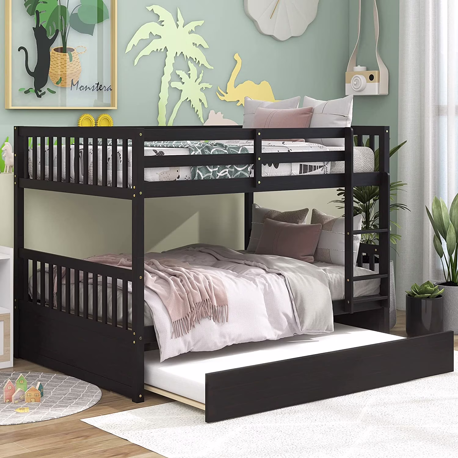 Full Over Full Bunk Bed with Trundle, Solid Bunk Bed for Kids, Teens, Adults, Full Size Bed Frame with Trundle, Ladder and Safety Rails, Convertible to 2 Full Size Platform Bed, No Box Spring Needed