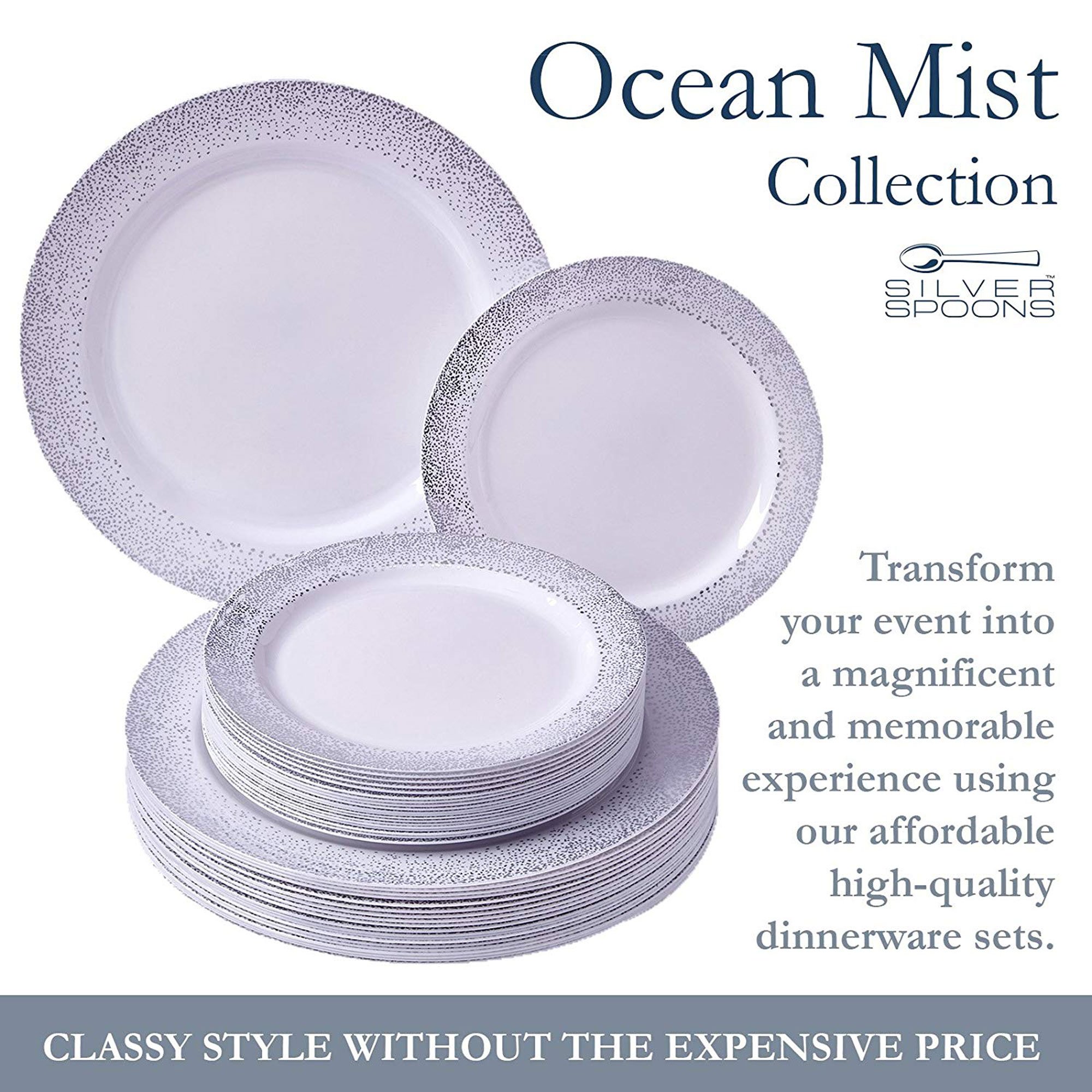 Premium China Look Disposable Plate Set | 120 Dinner Plates and 120 Salad Plates | Ocean Mist Collection (Silver)